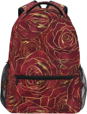 JIPONI Gold Rim Red Roses Backpack For Girls Boys, Student School Bag Bookbag Travel Laptop Backpack Purse Daypack