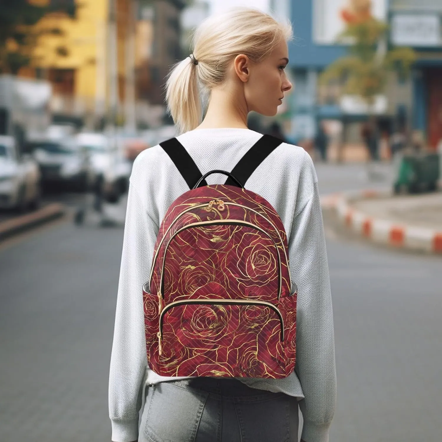 JIPONI Gold Rim Red Roses Small Backpack for Women, Travel Purse Back Pack, Casual Daypack, Lightweight Bag-S