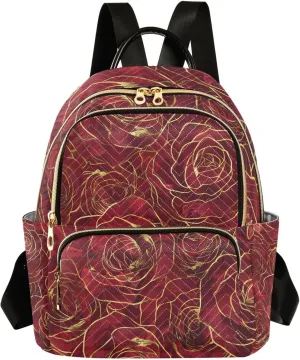 JIPONI Gold Rim Red Roses Small Backpack for Women, Travel Purse Back Pack, Casual Daypack, Lightweight Bag-S