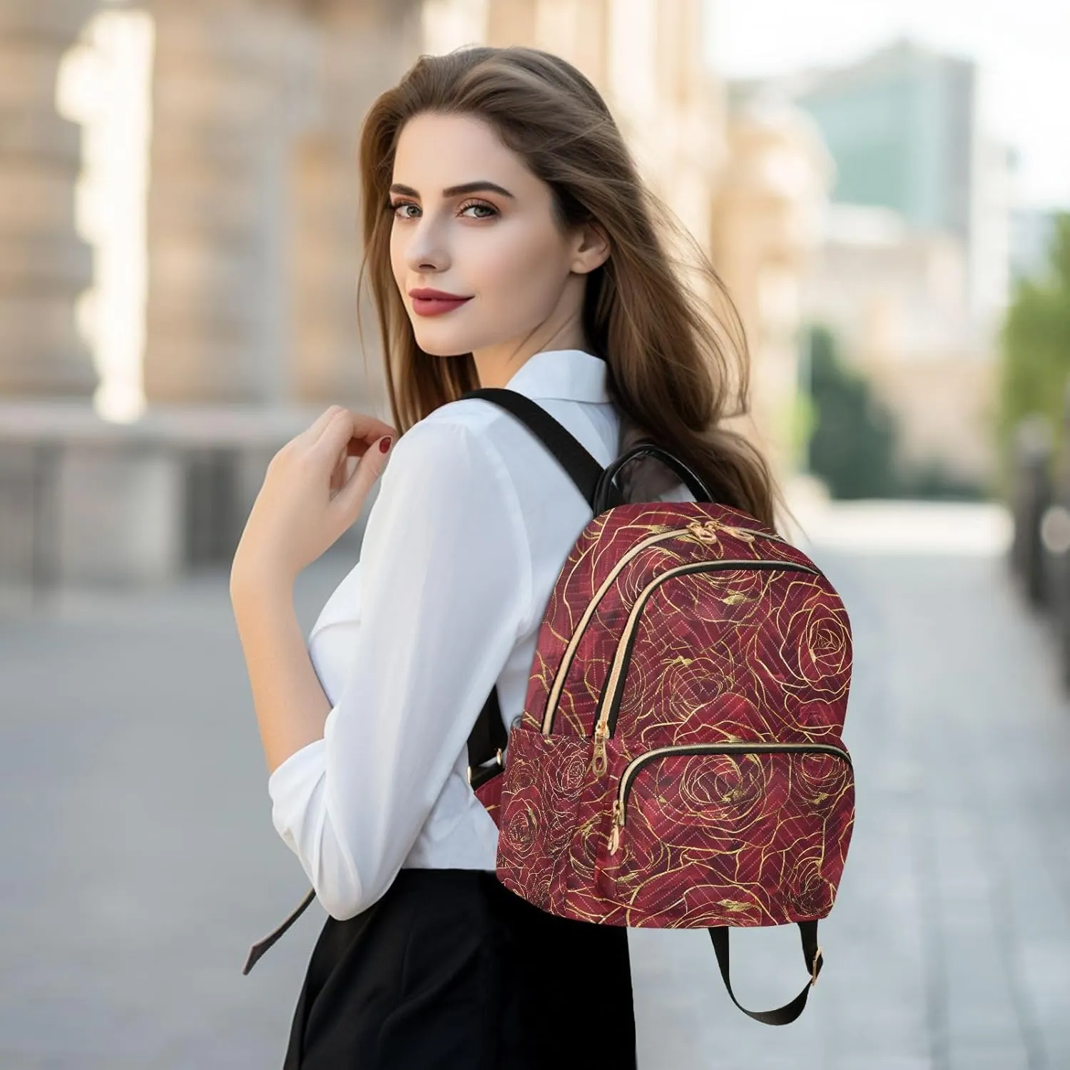 JIPONI Gold Rim Red Roses Small Backpack for Women, Travel Purse Back Pack, Casual Daypack, Lightweight Bag-S
