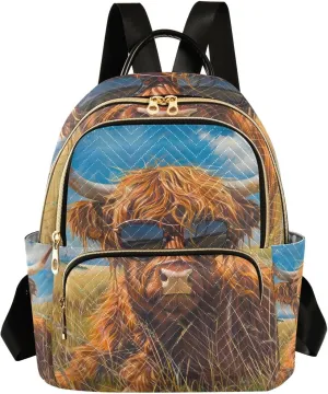 JIPONI Highland Cattle Grasslands Small Backpack for Women, Travel Purse Back Pack, Casual Daypack, Lightweight Bag-S