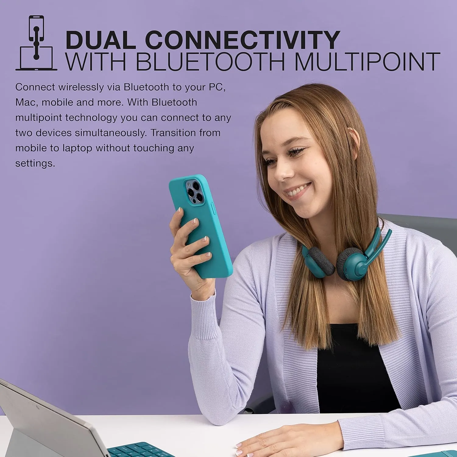 JLab Go Work Pop On-Ear Wireless Headset, Teal, 50  Hours Playtime, Bluetooth Multipoint, Rotating Boom Mic, Noise Canceling MEMS Microphone, Light-Weight and Portable, for PC/Mac or Mobile