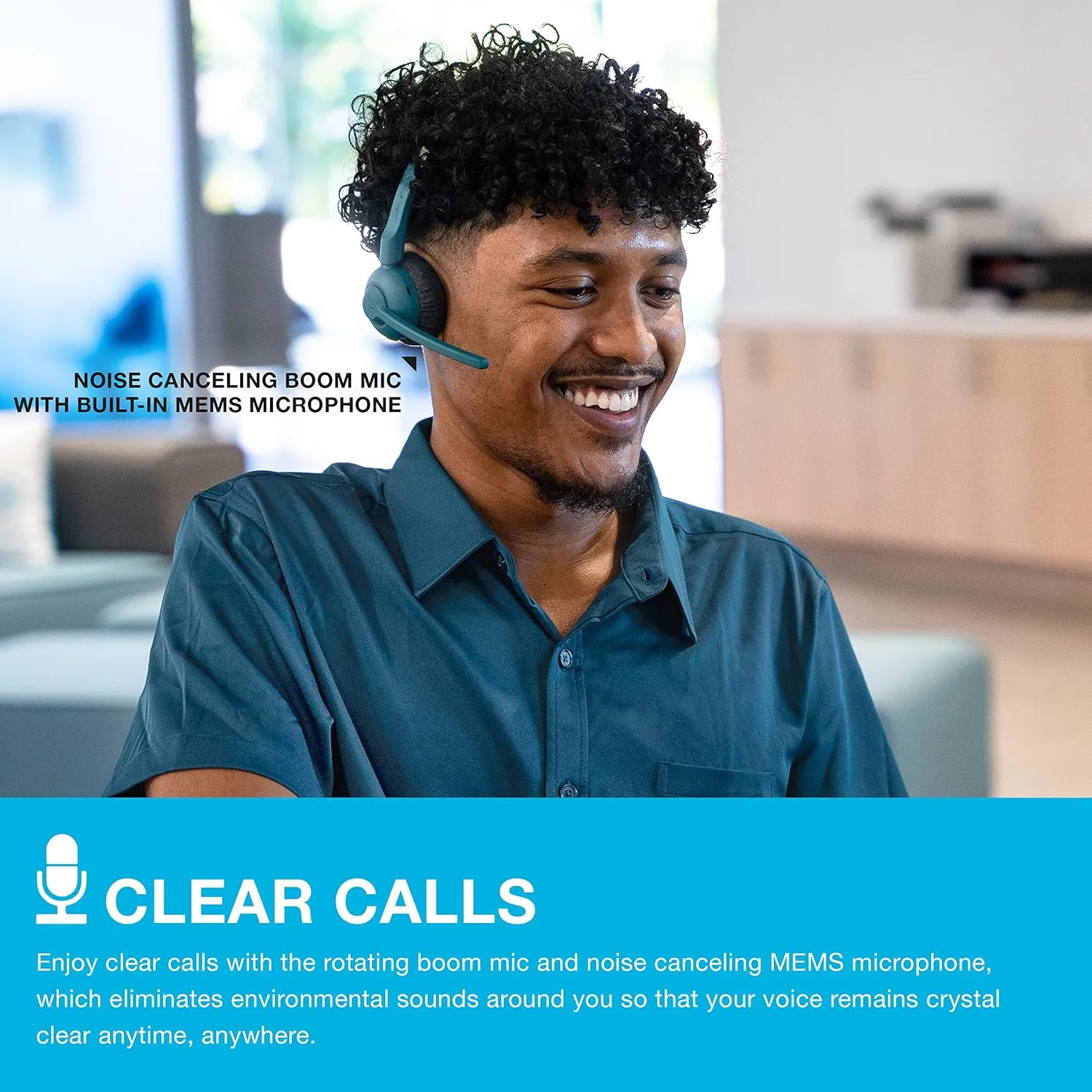 JLab Go Work Pop On-Ear Wireless Headset, Teal, 50  Hours Playtime, Bluetooth Multipoint, Rotating Boom Mic, Noise Canceling MEMS Microphone, Light-Weight and Portable, for PC/Mac or Mobile