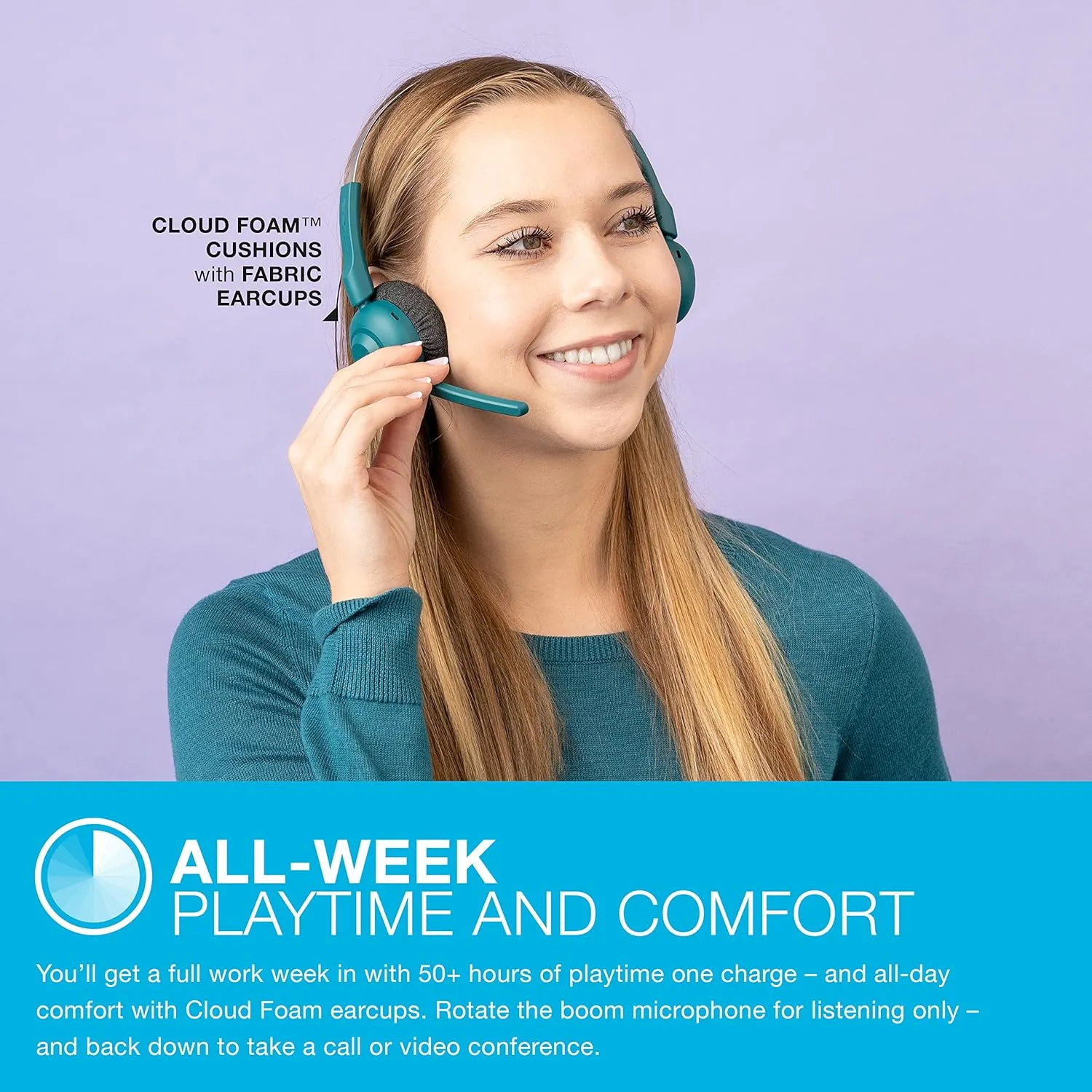 JLab Go Work Pop On-Ear Wireless Headset, Teal, 50  Hours Playtime, Bluetooth Multipoint, Rotating Boom Mic, Noise Canceling MEMS Microphone, Light-Weight and Portable, for PC/Mac or Mobile