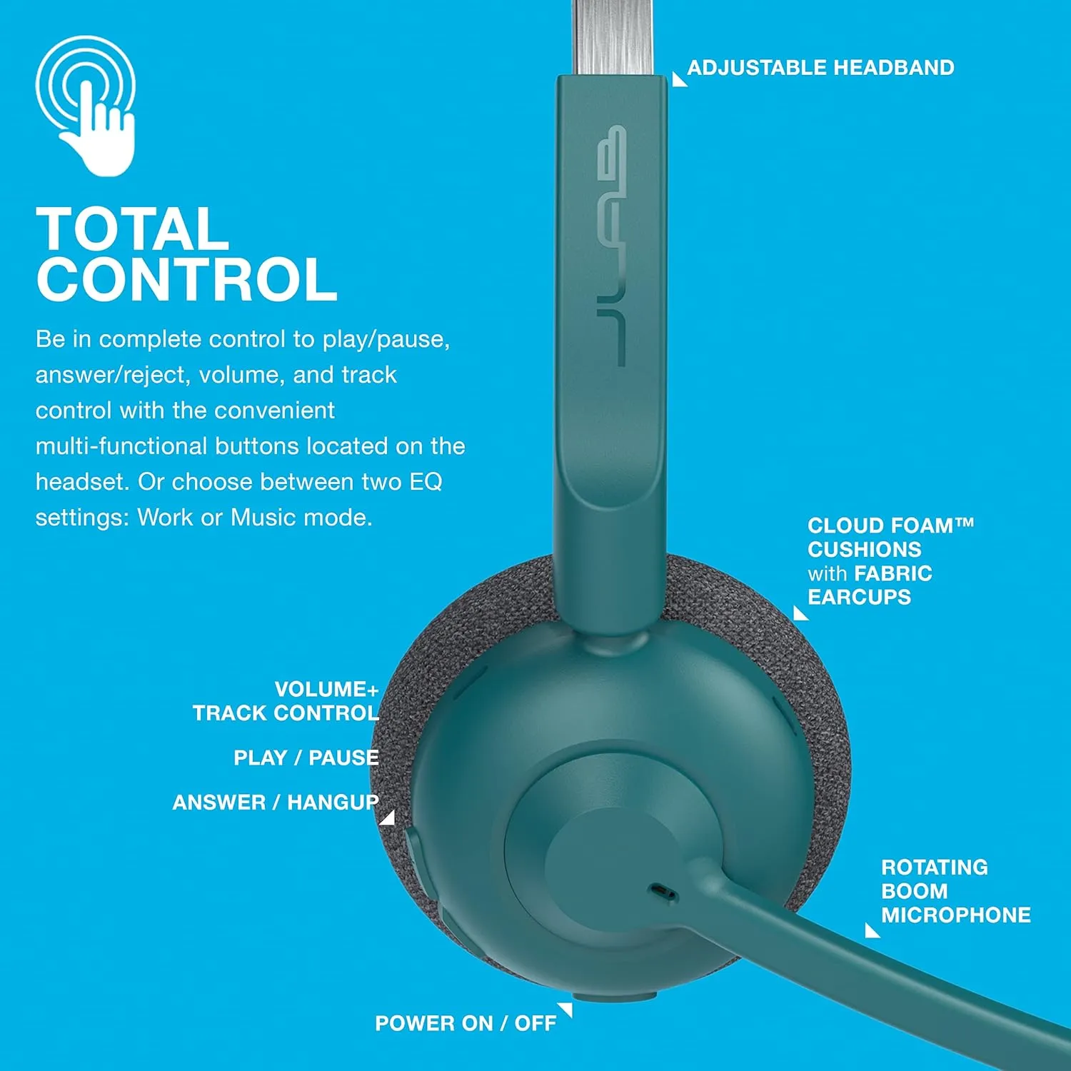 JLab Go Work Pop On-Ear Wireless Headset, Teal, 50  Hours Playtime, Bluetooth Multipoint, Rotating Boom Mic, Noise Canceling MEMS Microphone, Light-Weight and Portable, for PC/Mac or Mobile