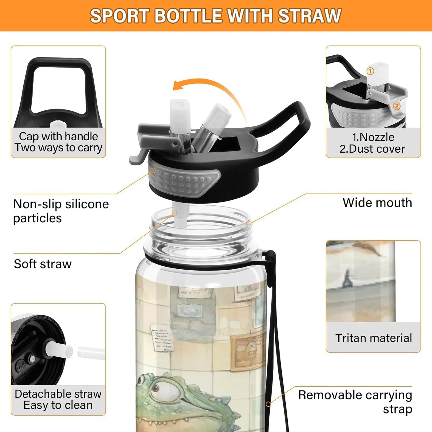 Joisal Alligator Bath Cartoon 32oz Reusable Sports Water Bottle BPA-Free Water Jug with Straw