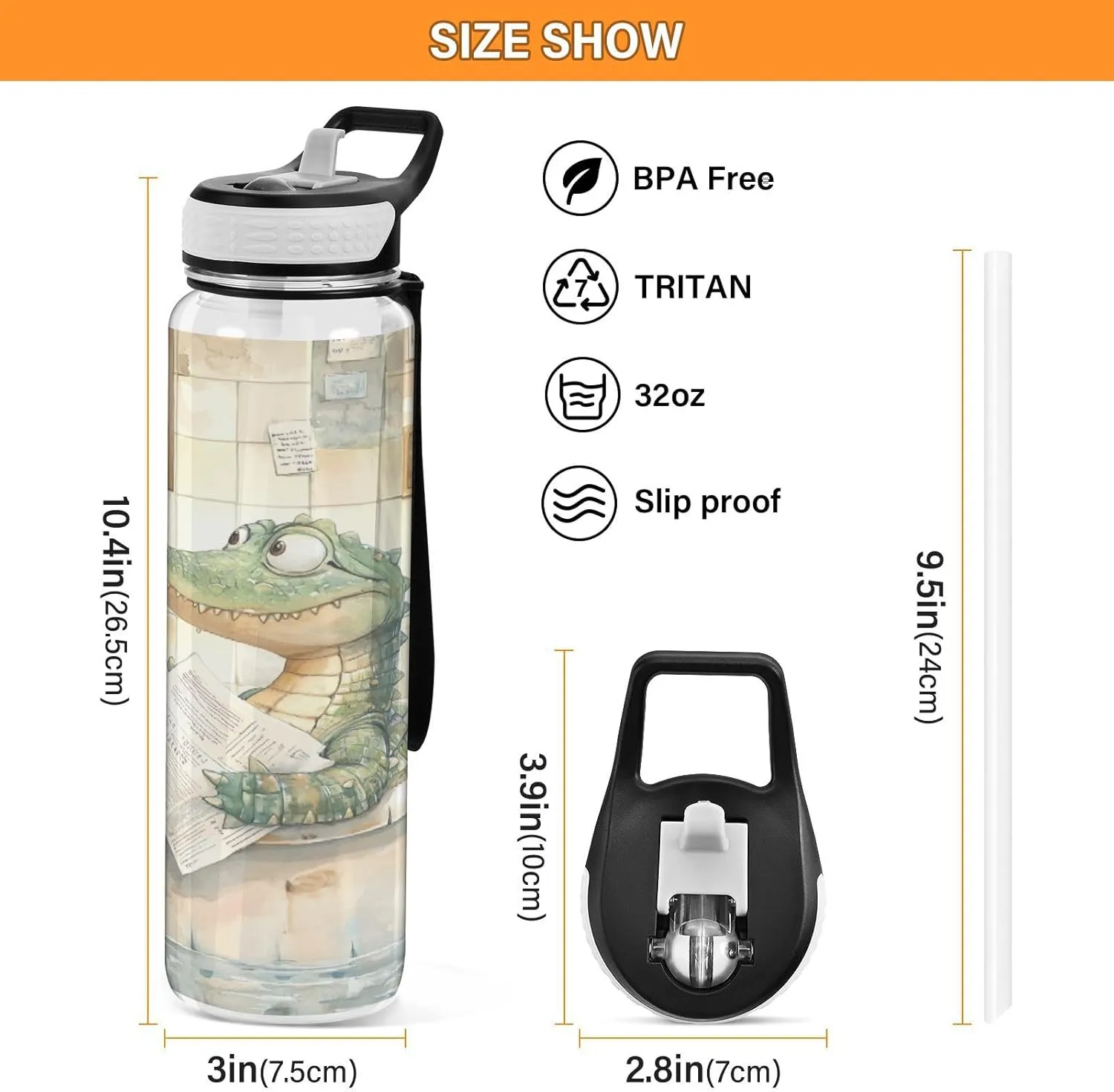Joisal Alligator Bath Cartoon 32oz Reusable Sports Water Bottle BPA-Free Water Jug with Straw