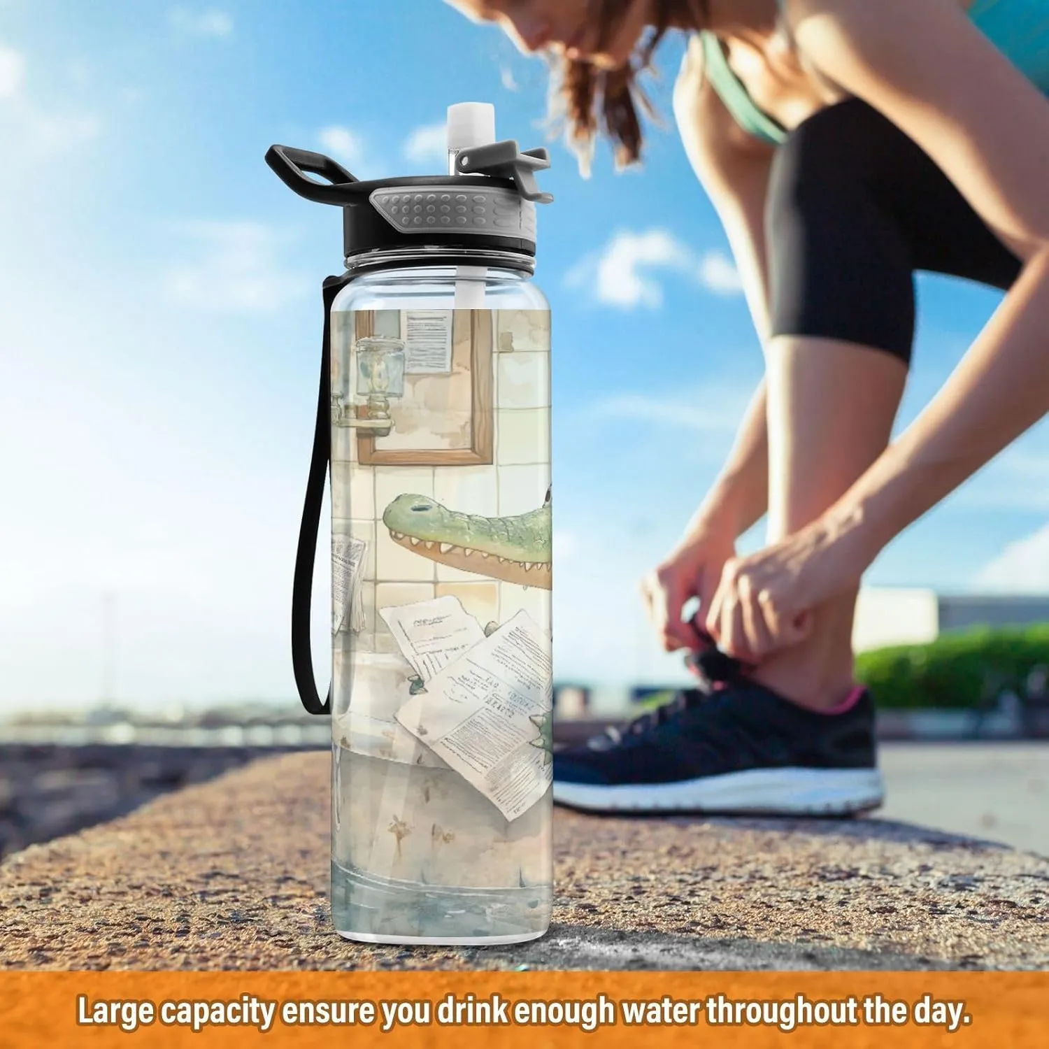 Joisal Alligator Bath Cartoon 32oz Reusable Sports Water Bottle BPA-Free Water Jug with Straw
