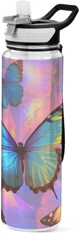 Joisal Butterflies Colorful 32oz Reusable Sports Water Bottle BPA-Free Water Jug with Straw
