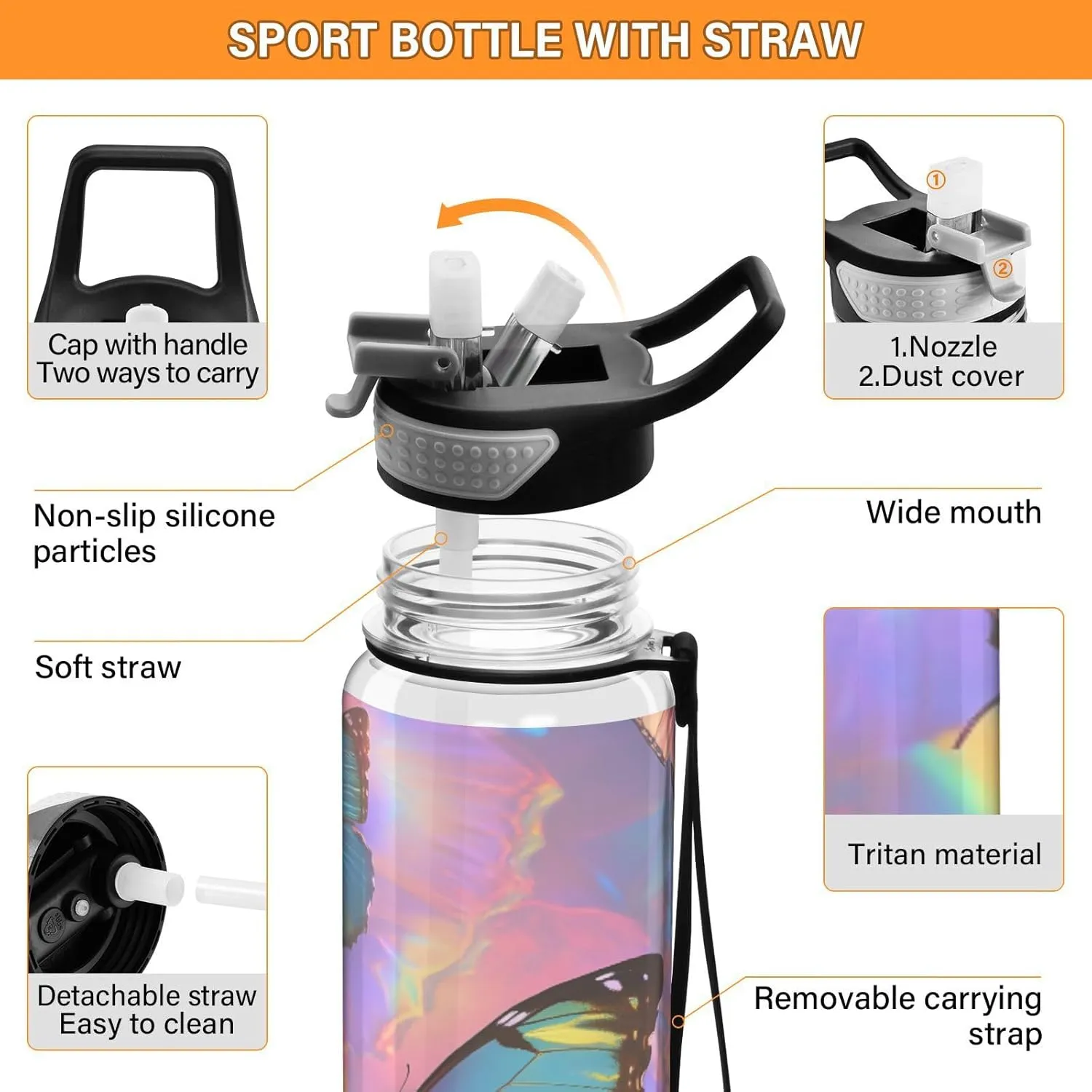 Joisal Butterflies Colorful 32oz Reusable Sports Water Bottle BPA-Free Water Jug with Straw