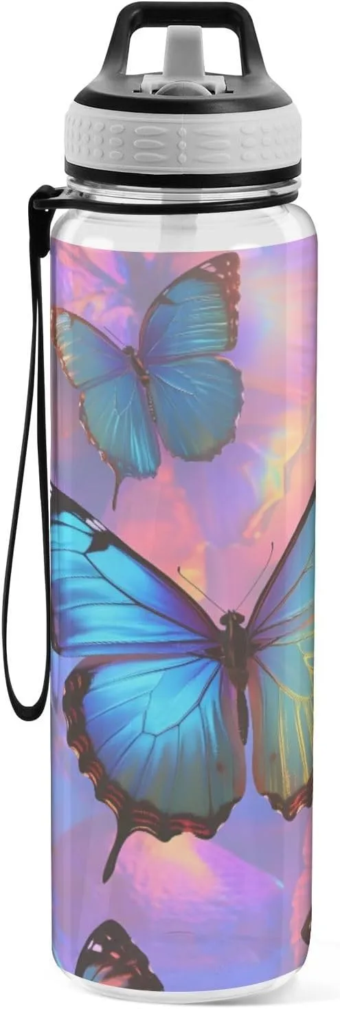 Joisal Butterflies Colorful 32oz Reusable Sports Water Bottle BPA-Free Water Jug with Straw