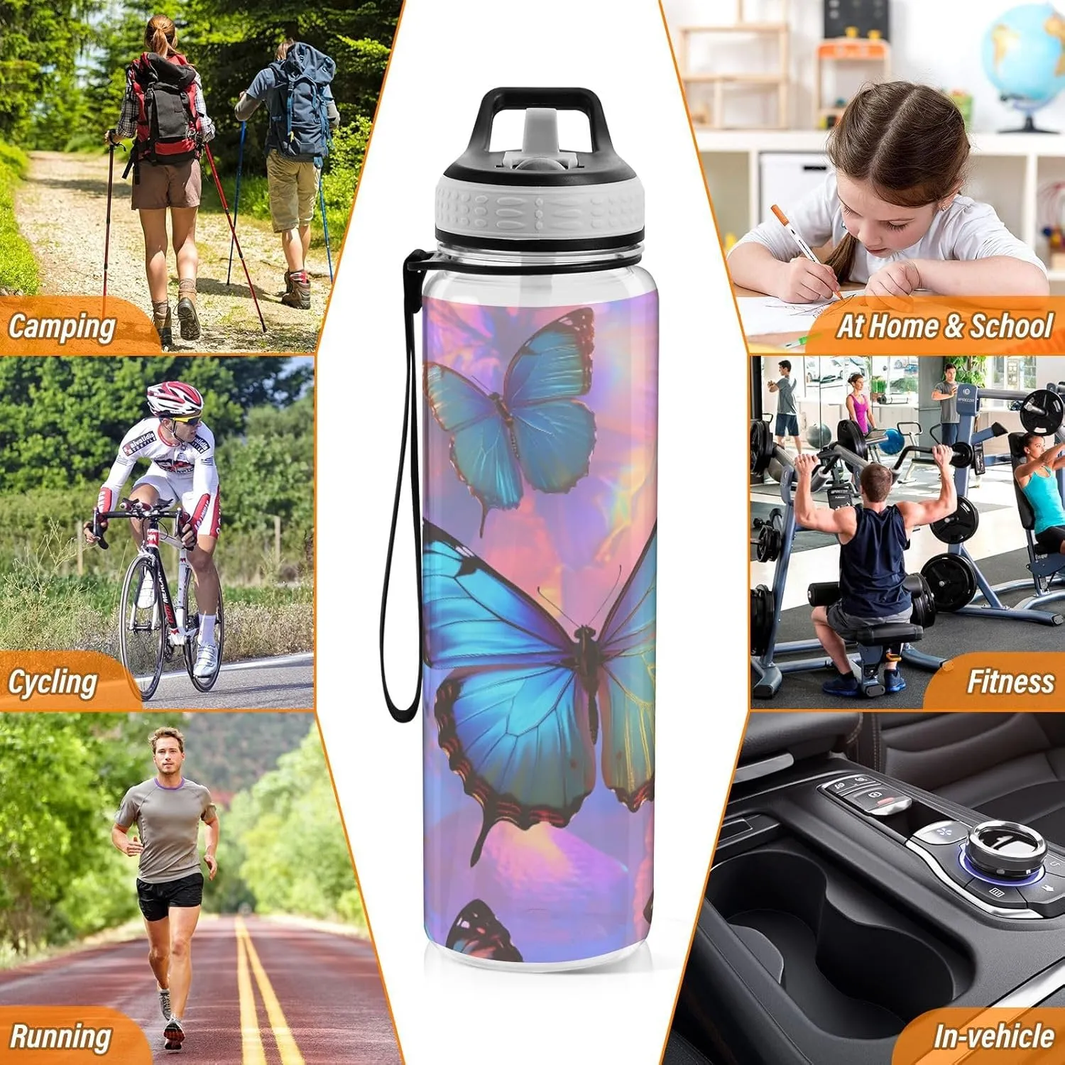 Joisal Butterflies Colorful 32oz Reusable Sports Water Bottle BPA-Free Water Jug with Straw