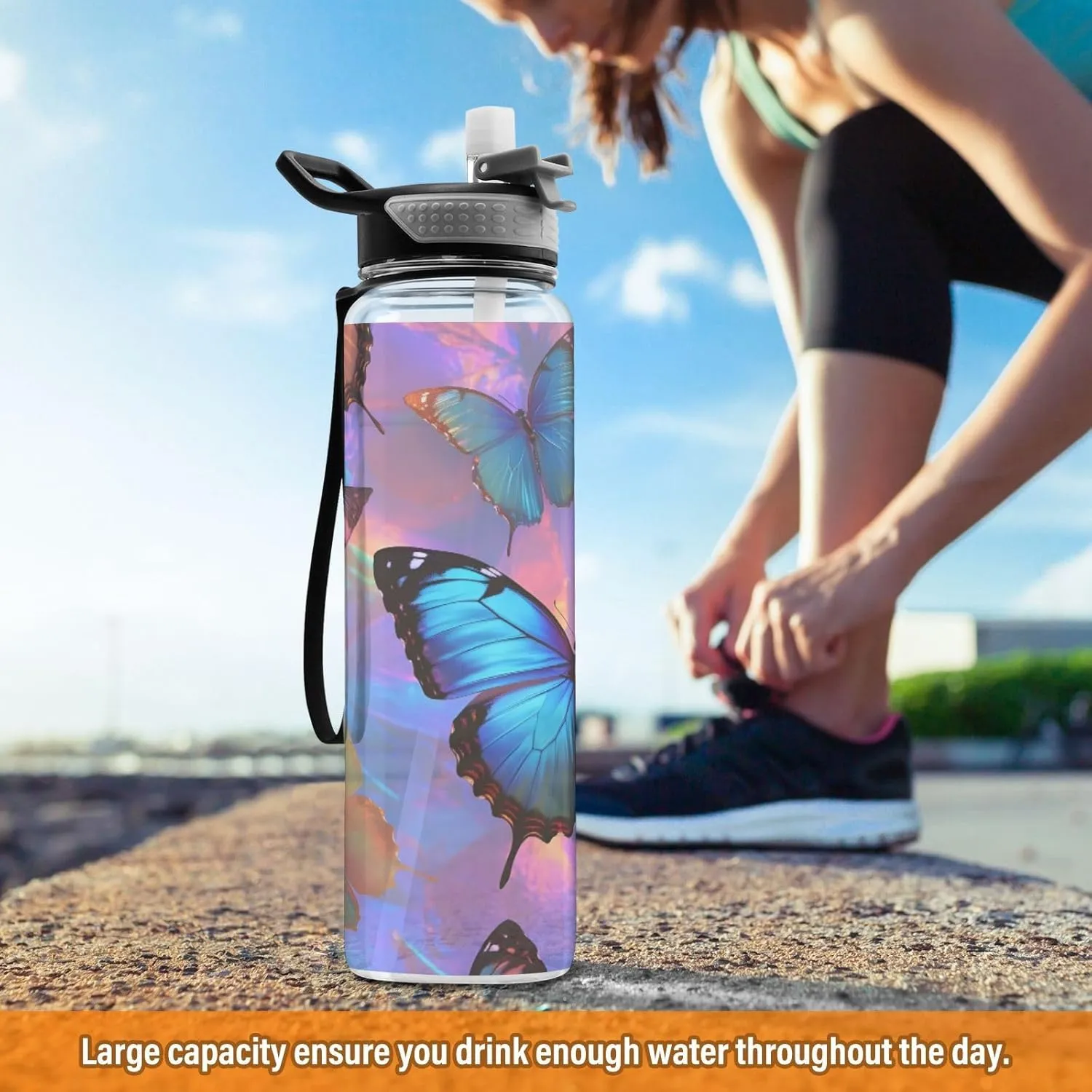 Joisal Butterflies Colorful 32oz Reusable Sports Water Bottle BPA-Free Water Jug with Straw