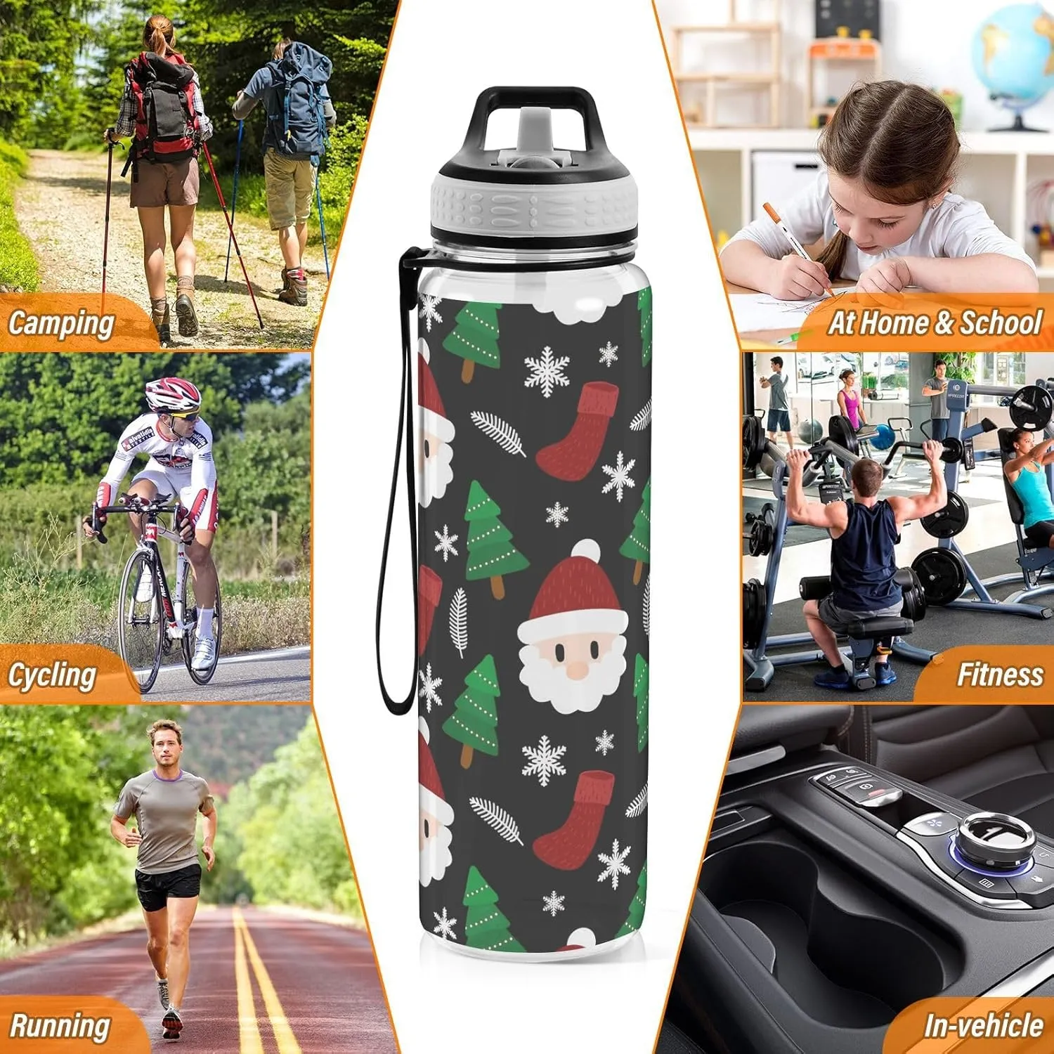 Joisal Christmas Design Cartoon 32 Oz Water Bottles with Straws Leakproof Circle Water Bottle for Sports, Cycling, Bike
