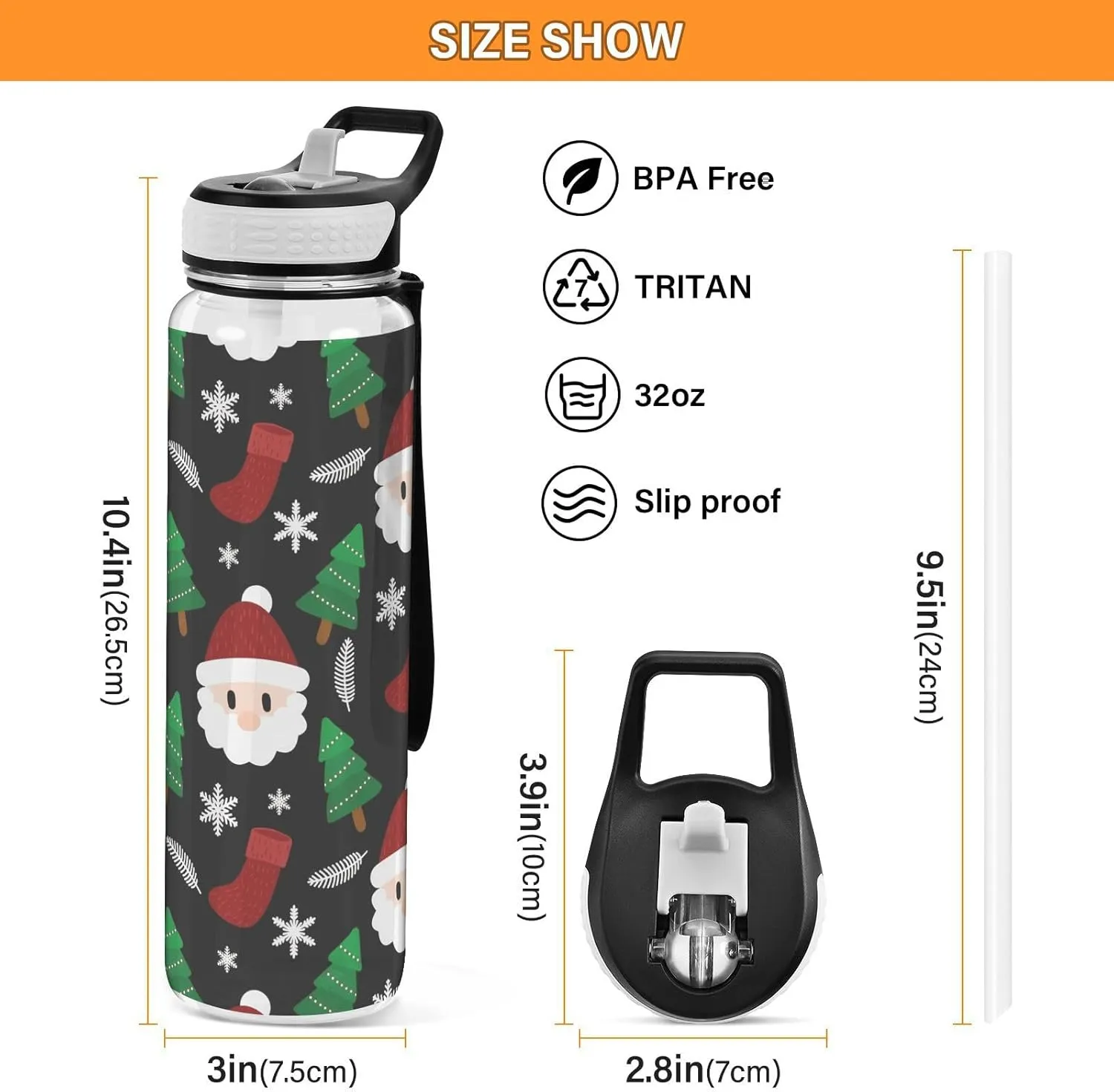 Joisal Christmas Design Cartoon 32 Oz Water Bottles with Straws Leakproof Circle Water Bottle for Sports, Cycling, Bike