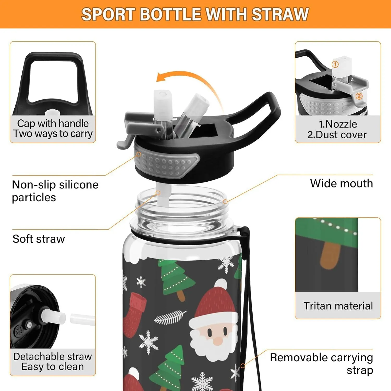 Joisal Christmas Design Cartoon 32 Oz Water Bottles with Straws Leakproof Circle Water Bottle for Sports, Cycling, Bike