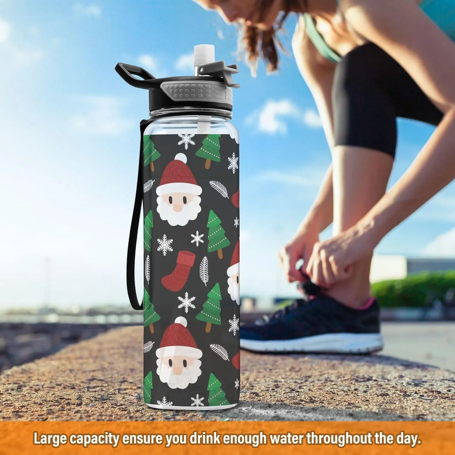 Joisal Christmas Design Cartoon 32 Oz Water Bottles with Straws Leakproof Circle Water Bottle for Sports, Cycling, Bike
