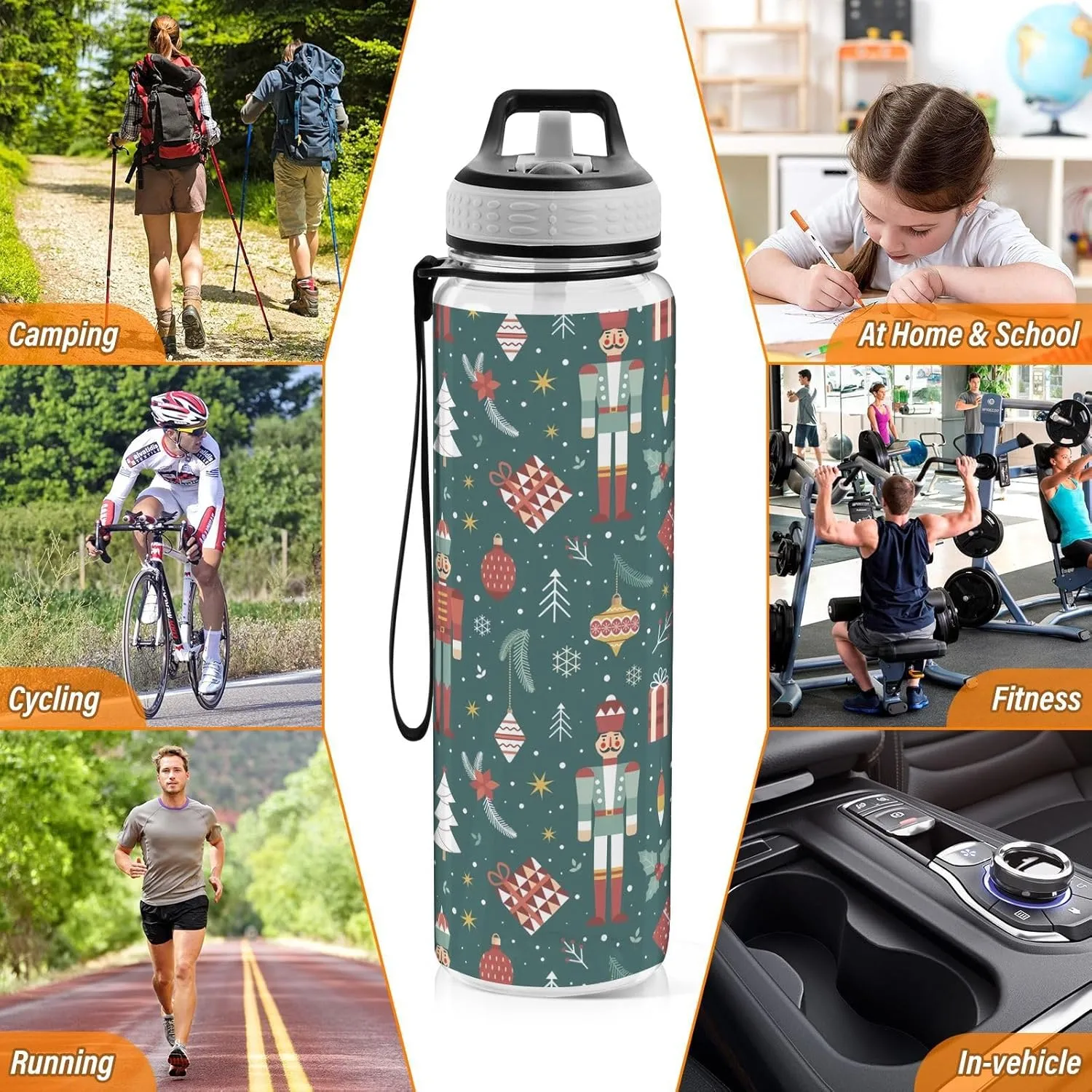 Joisal Christmas Soldier Nutcracker Snowflakes 32 Oz Water Bottles with Straws BPA-Free Bike Water Bottle