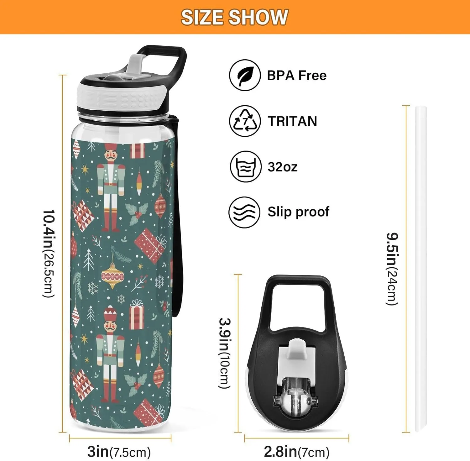 Joisal Christmas Soldier Nutcracker Snowflakes 32 Oz Water Bottles with Straws BPA-Free Bike Water Bottle