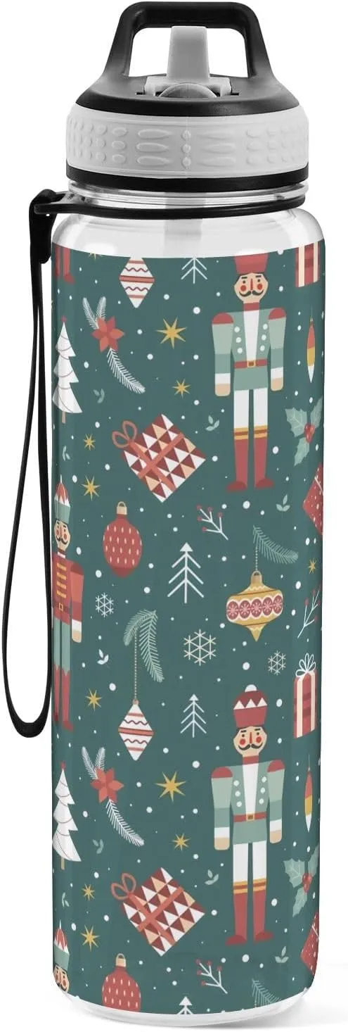 Joisal Christmas Soldier Nutcracker Snowflakes 32 Oz Water Bottles with Straws BPA-Free Bike Water Bottle
