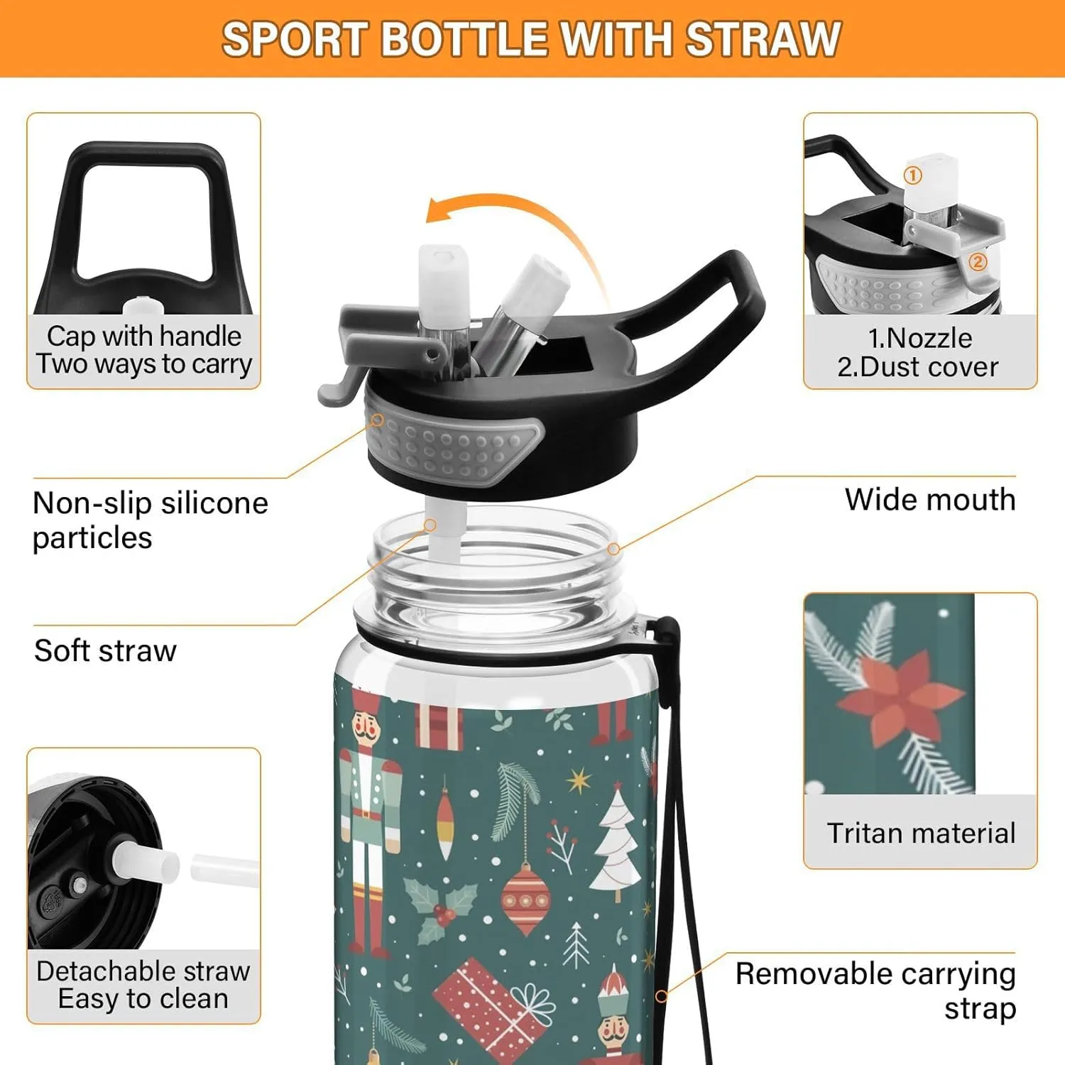 Joisal Christmas Soldier Nutcracker Snowflakes 32 Oz Water Bottles with Straws BPA-Free Bike Water Bottle