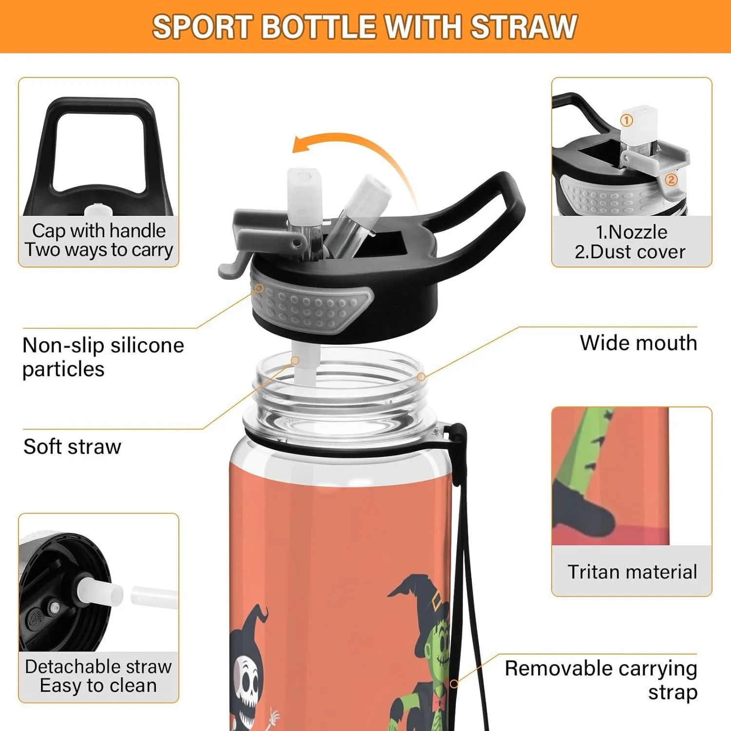 Joisal Cool Halloween Characters 32 Oz Water Bottles with Straws Leakproof Reusable Water Bottles for Sports, Cycling, Bike
