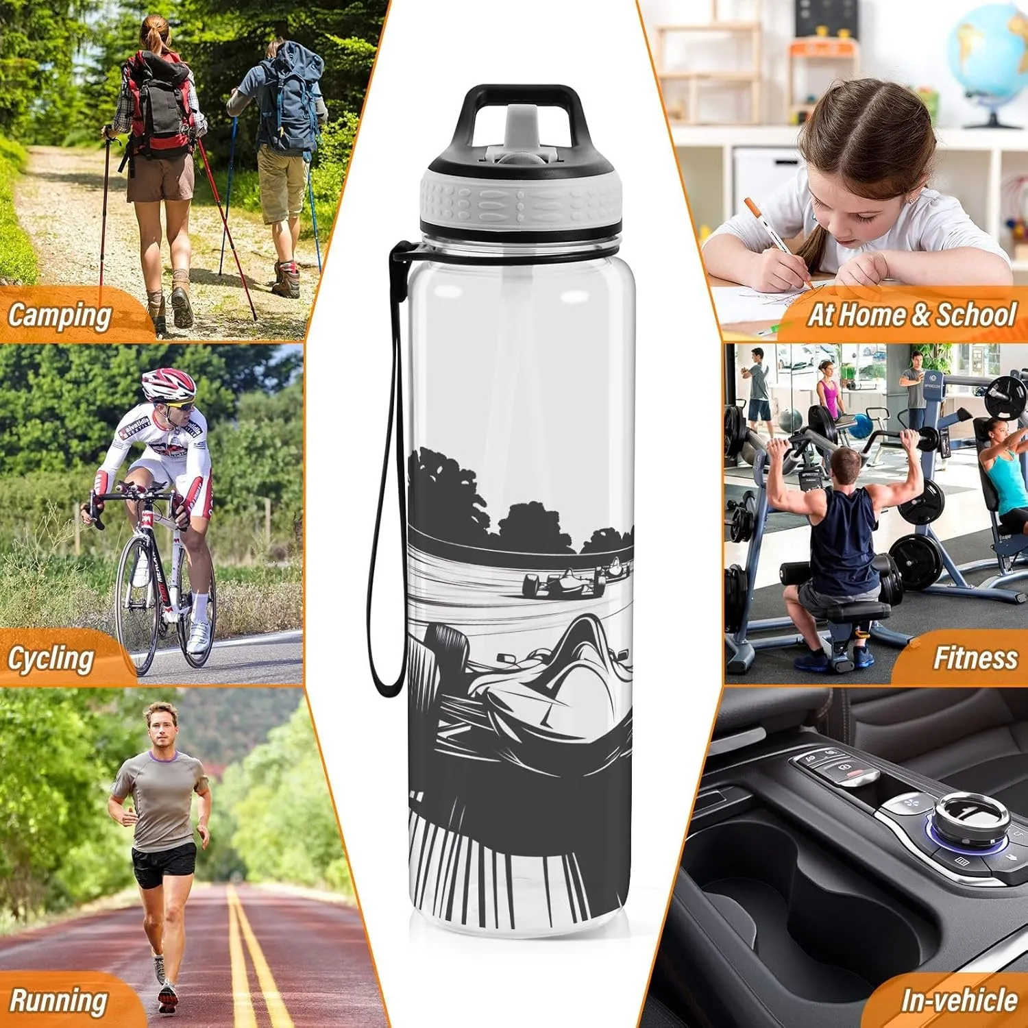 Joisal Cool Racing Car Black 32 Oz Straw Sports Water Bottle BPA-Free Reusable Water Bottles for Outdoor Sports
