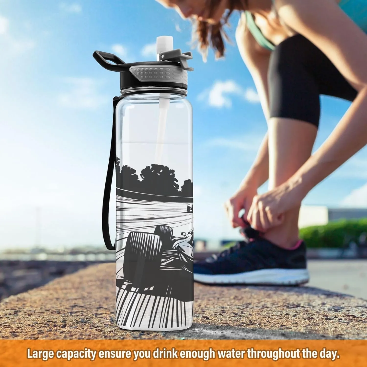 Joisal Cool Racing Car Black 32 Oz Straw Sports Water Bottle BPA-Free Reusable Water Bottles for Outdoor Sports