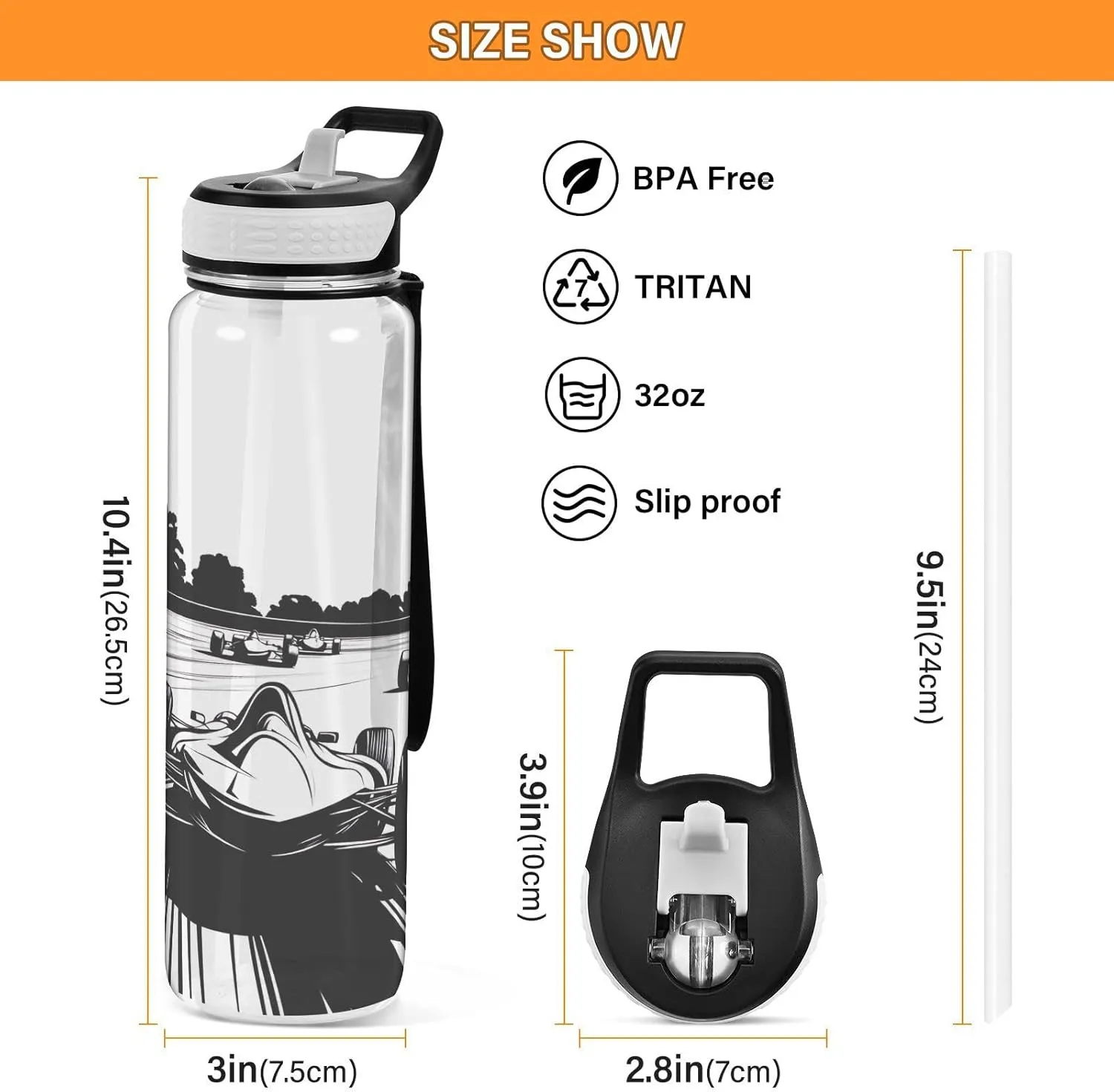 Joisal Cool Racing Car Black 32 Oz Straw Sports Water Bottle BPA-Free Reusable Water Bottles for Outdoor Sports