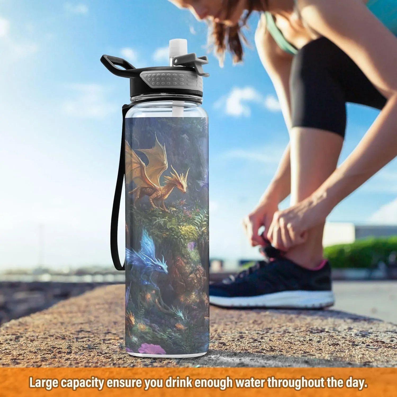 Joisal Dragon Battle Fantasy 32 Oz Straw Water Bottle BPA-Free Clear Water Bottle for Sports, Cycling, Bike