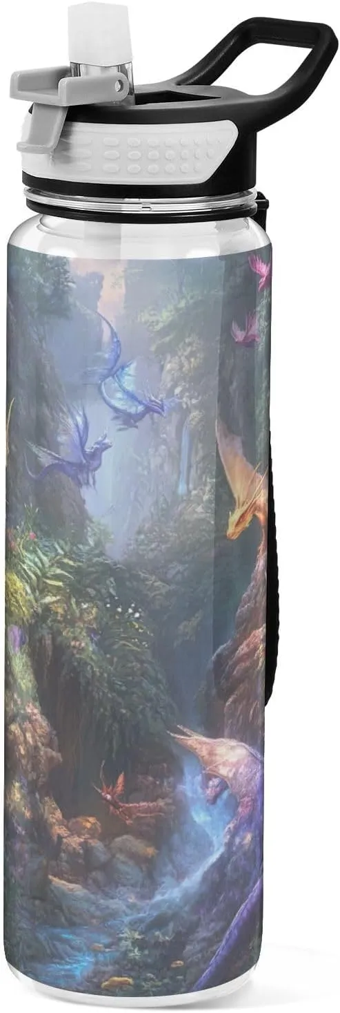 Joisal Dragon Battle Fantasy 32 Oz Straw Water Bottle BPA-Free Clear Water Bottle for Sports, Cycling, Bike