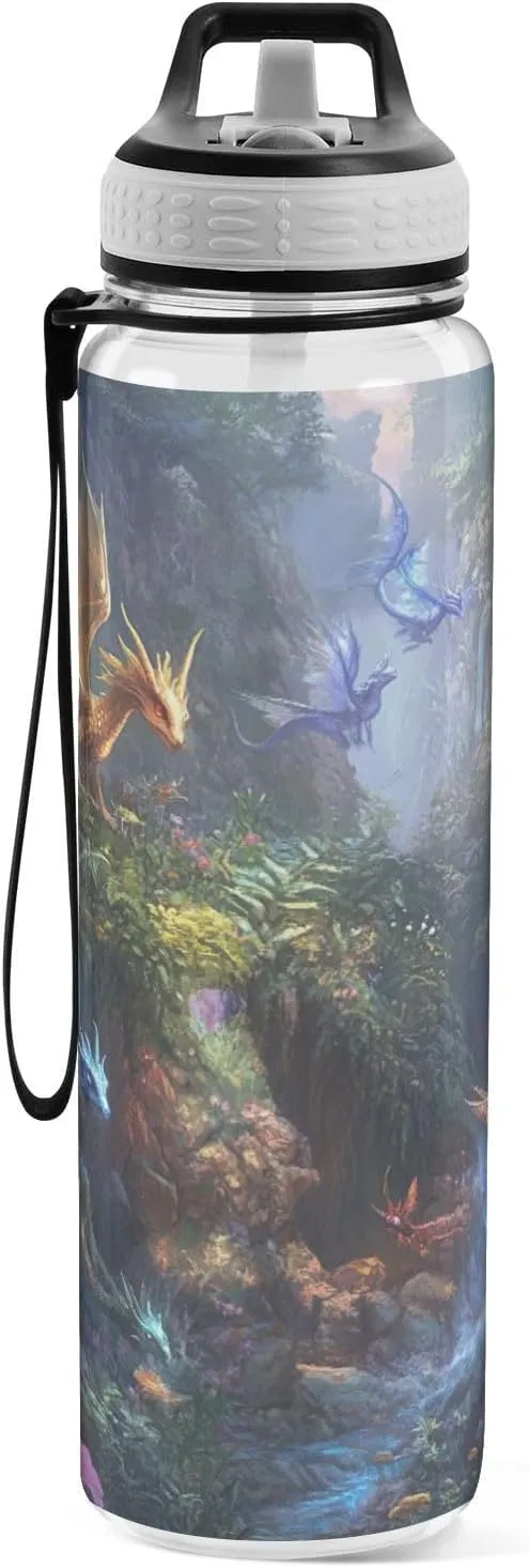 Joisal Dragon Battle Fantasy 32 Oz Straw Water Bottle BPA-Free Clear Water Bottle for Sports, Cycling, Bike