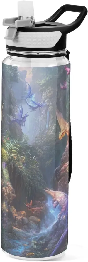 Joisal Dragon Battle Fantasy 32 Oz Straw Water Bottle BPA-Free Clear Water Bottle for Sports, Cycling, Bike