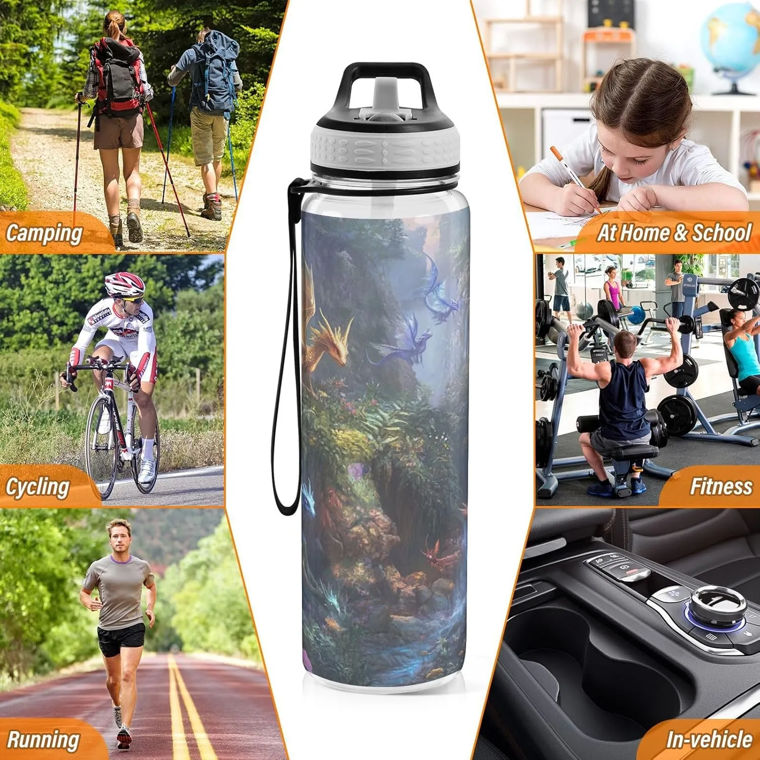 Joisal Dragon Battle Fantasy 32 Oz Straw Water Bottle BPA-Free Clear Water Bottle for Sports, Cycling, Bike