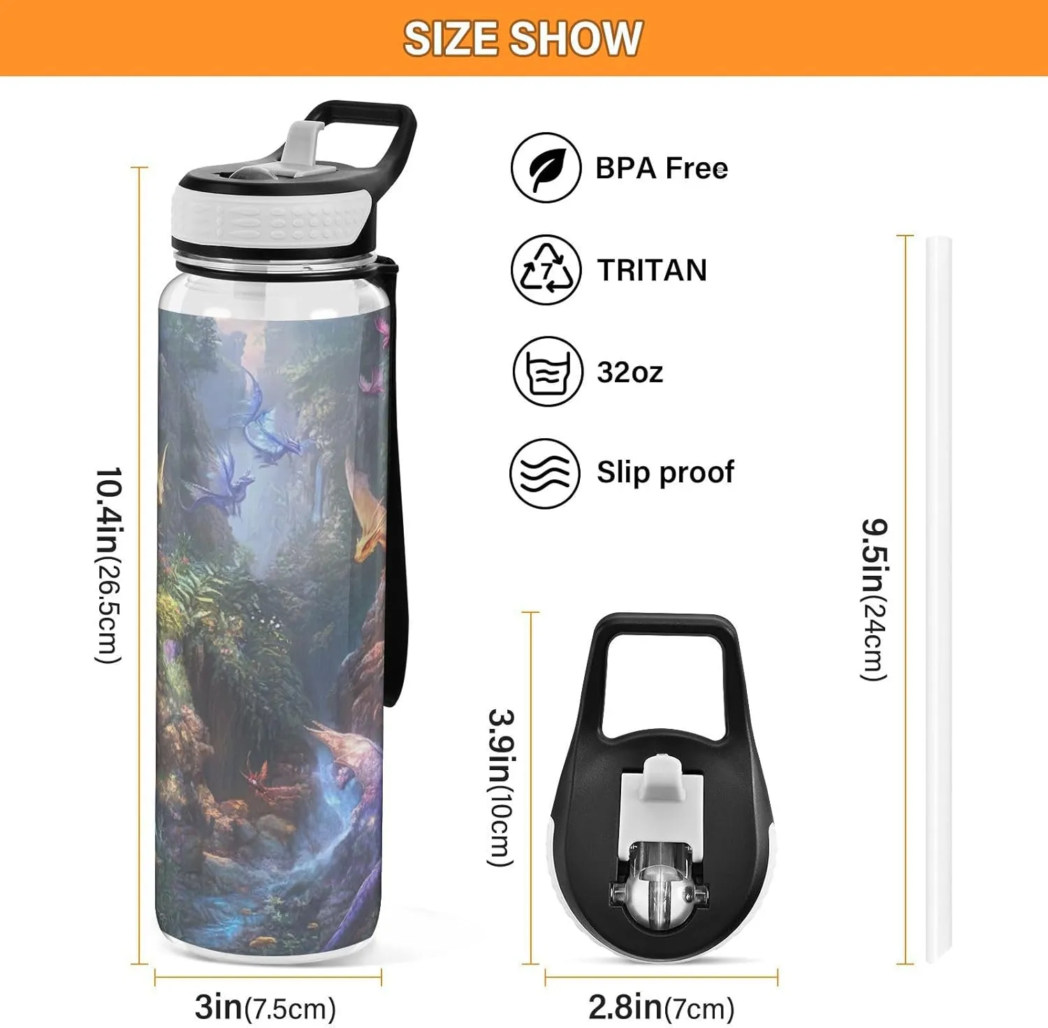 Joisal Dragon Battle Fantasy 32 Oz Straw Water Bottle BPA-Free Clear Water Bottle for Sports, Cycling, Bike
