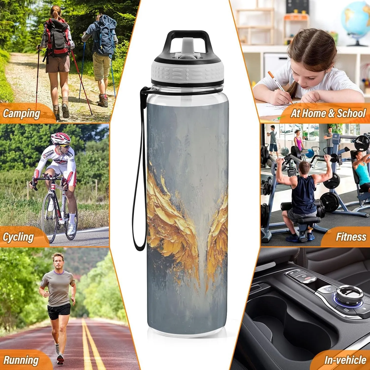 Joisal Golden Angel Wings 32 Oz Water Bottles with a Straw Leakproof Water Bottle Sports