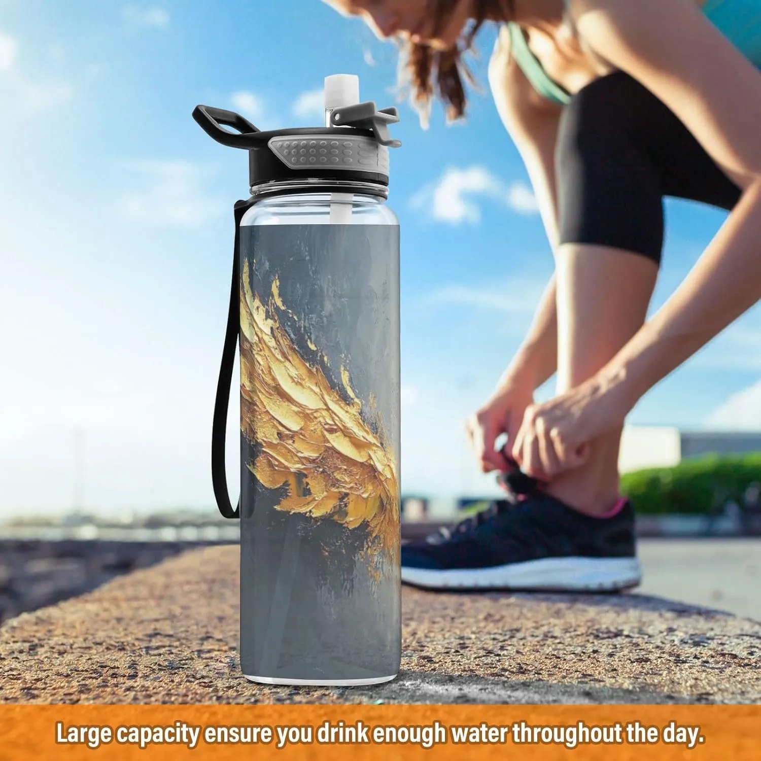 Joisal Golden Angel Wings 32 Oz Water Bottles with a Straw Leakproof Water Bottle Sports