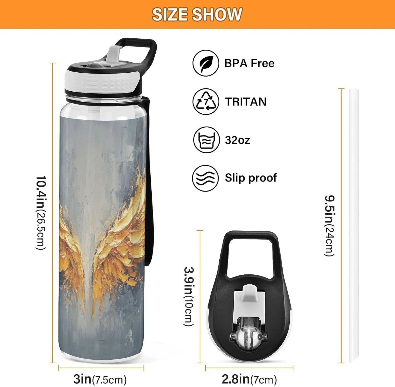 Joisal Golden Angel Wings 32 Oz Water Bottles with a Straw Leakproof Water Bottle Sports