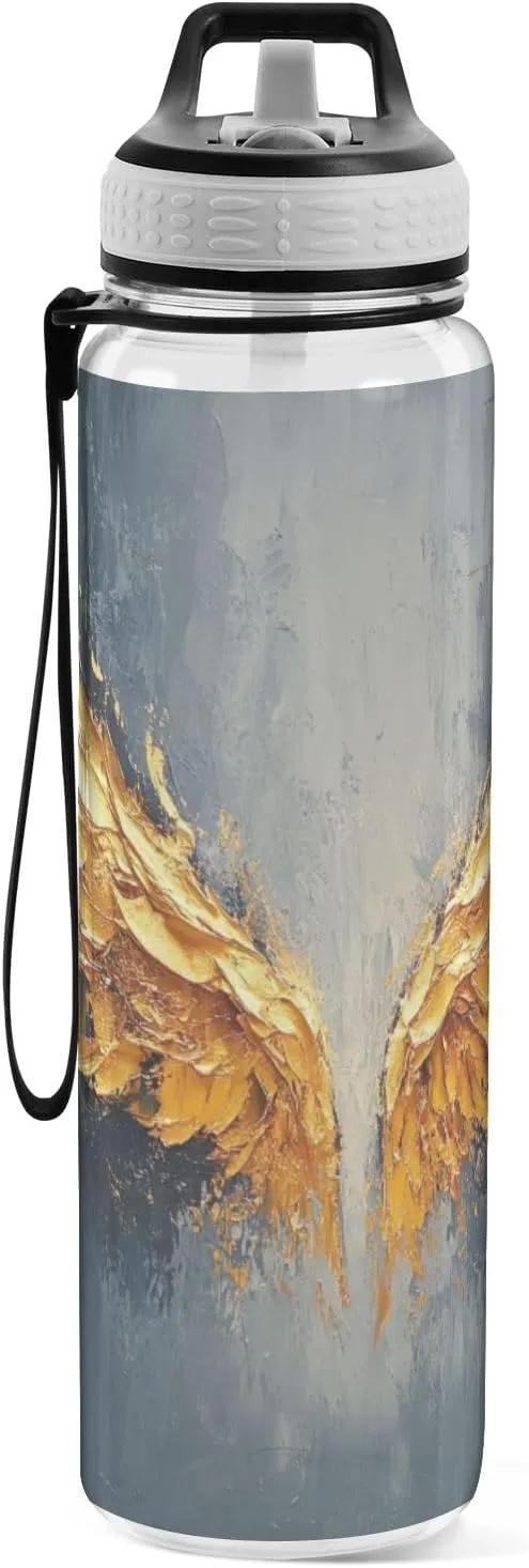 Joisal Golden Angel Wings 32 Oz Water Bottles with a Straw Leakproof Water Bottle Sports