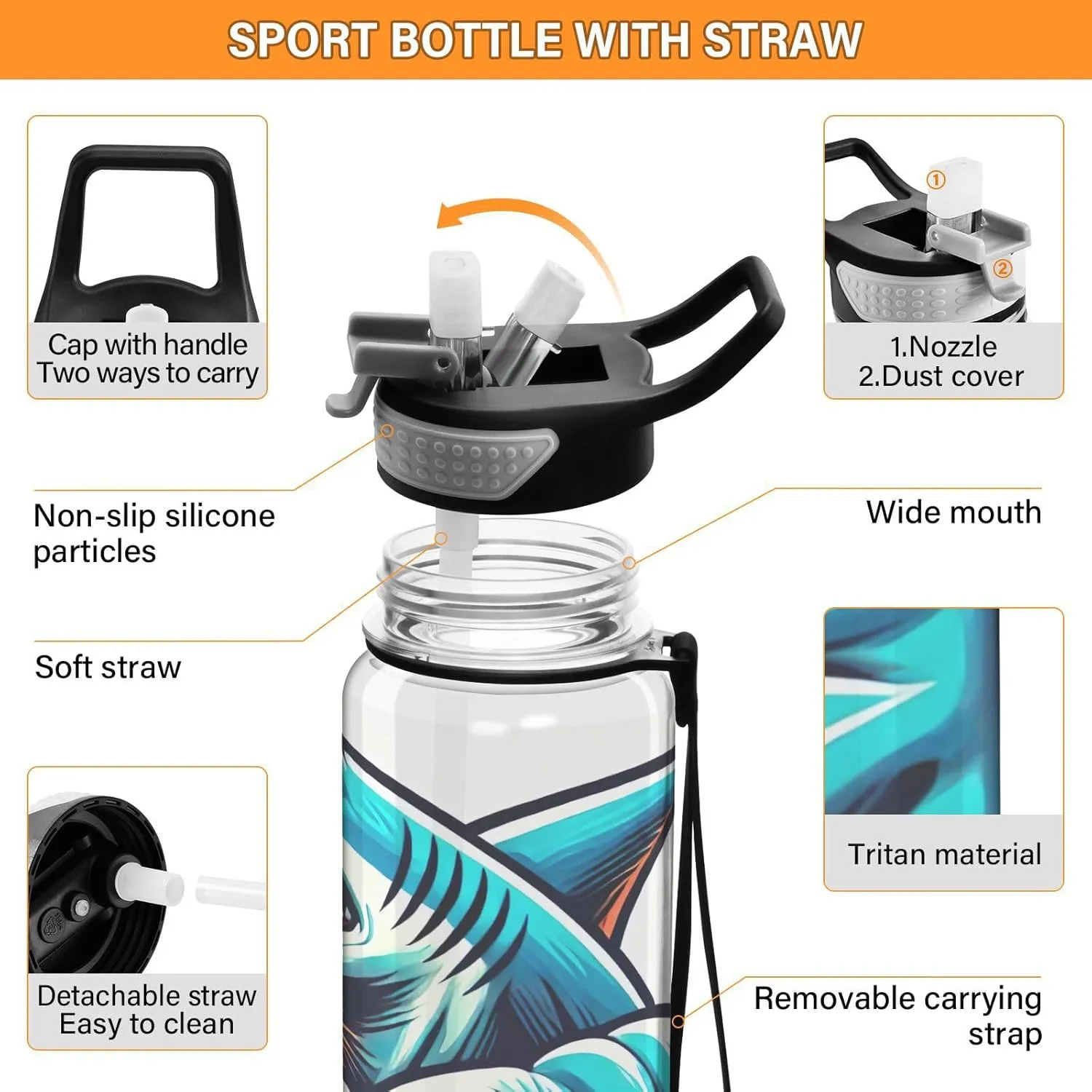 Joisal Muscle Shark Flex 32 Oz Water Bottle Lid with Straw BPA-Free Water Bottles Sports