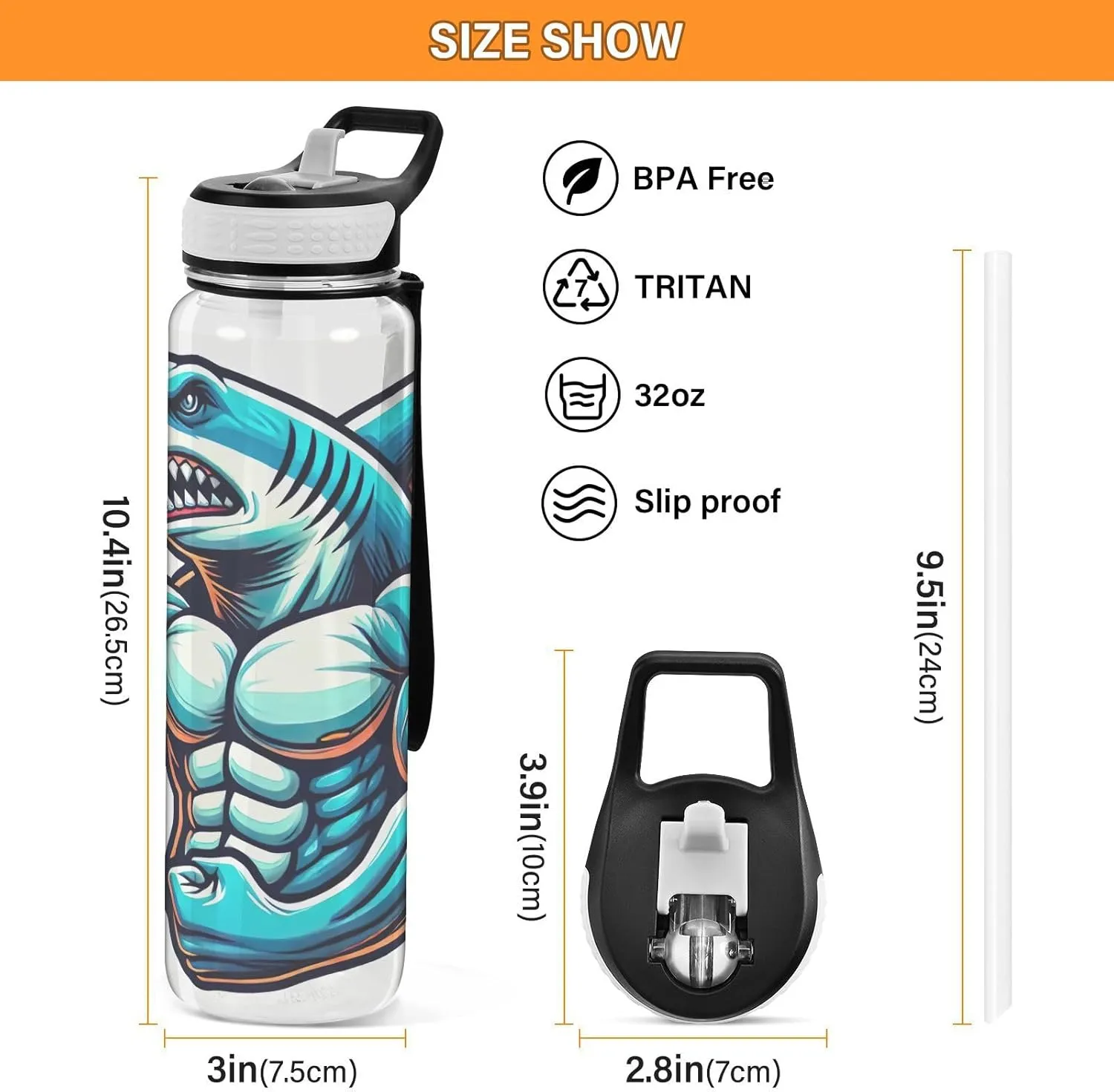 Joisal Muscle Shark Flex 32 Oz Water Bottle Lid with Straw BPA-Free Water Bottles Sports