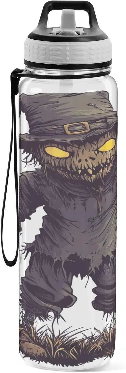 Joisal Scary Scarecrow Dark 32 Oz Water Bottle with Handle and Straw Leakproof Personalized Water Bottle for Outdoor Sports
