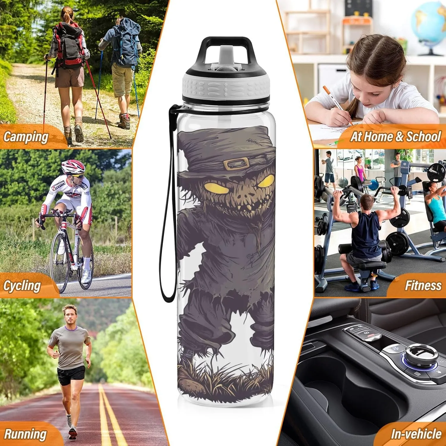 Joisal Scary Scarecrow Dark 32 Oz Water Bottle with Handle and Straw Leakproof Personalized Water Bottle for Outdoor Sports