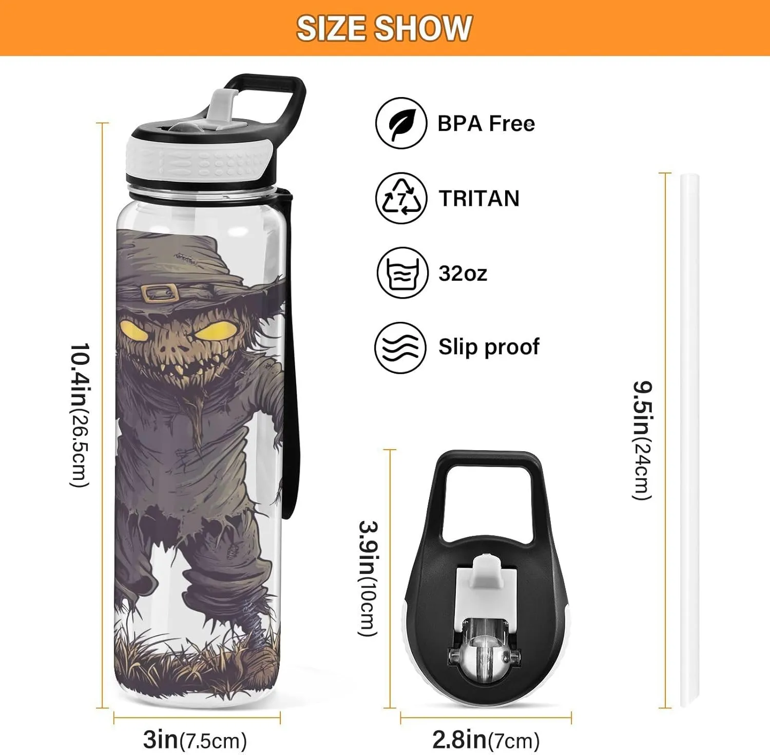 Joisal Scary Scarecrow Dark 32 Oz Water Bottle with Handle and Straw Leakproof Personalized Water Bottle for Outdoor Sports