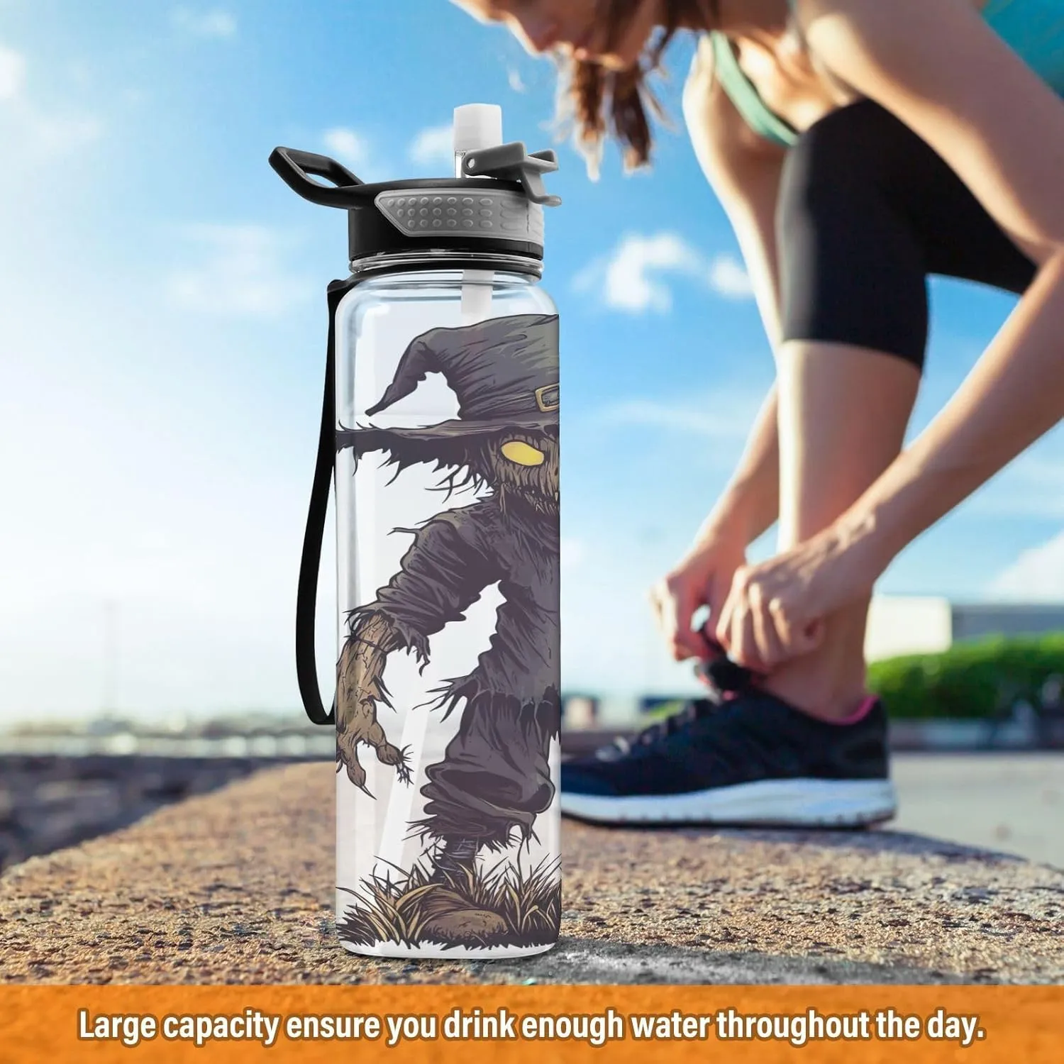 Joisal Scary Scarecrow Dark 32 Oz Water Bottle with Handle and Straw Leakproof Personalized Water Bottle for Outdoor Sports