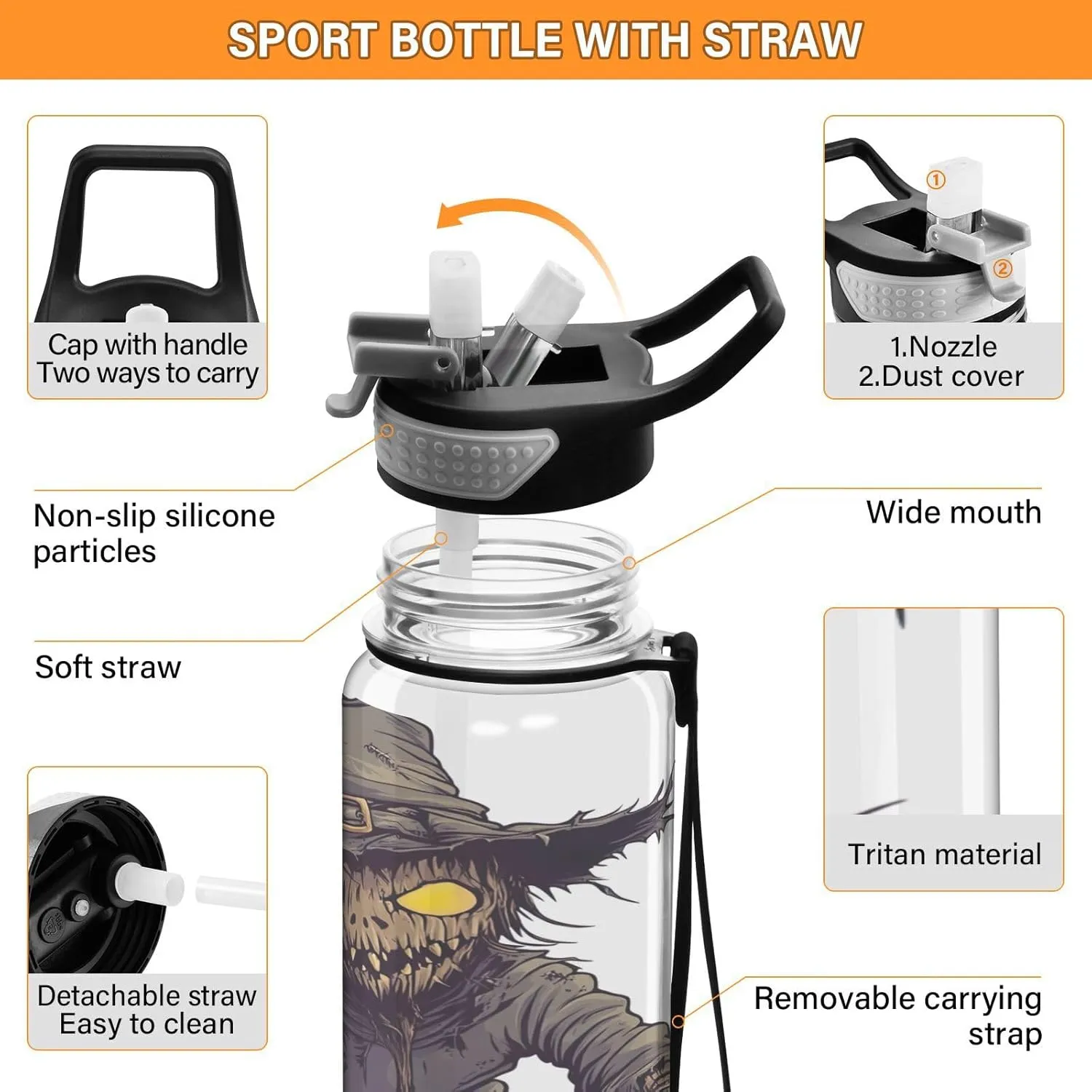 Joisal Scary Scarecrow Dark 32 Oz Water Bottle with Handle and Straw Leakproof Personalized Water Bottle for Outdoor Sports