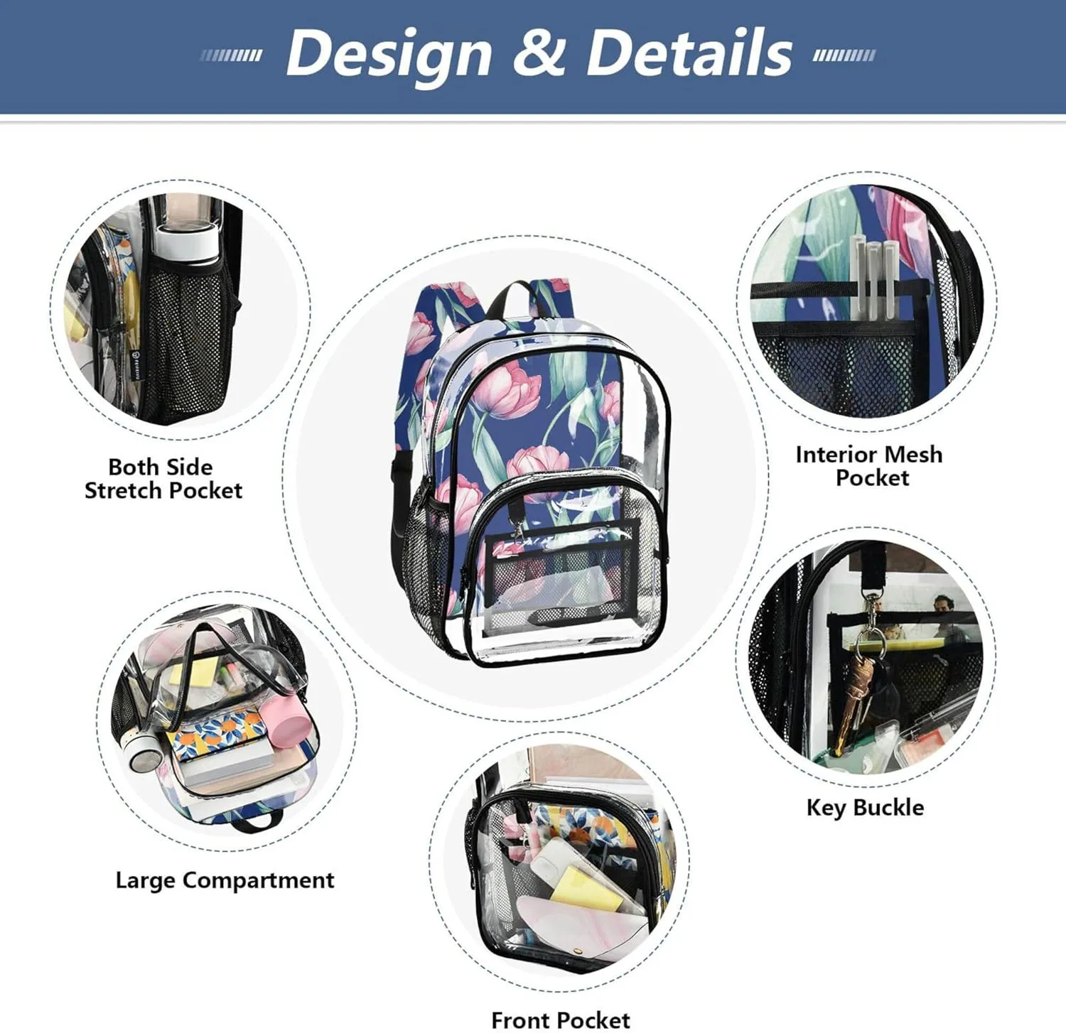 JUNZAN Beauty Tulips Royal Blue Mini Backpack for Boys See Through Student Book Bags Elementary
