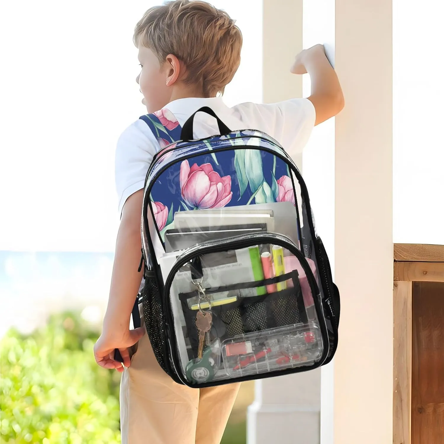 JUNZAN Beauty Tulips Royal Blue Mini Backpack for Boys See Through Student Book Bags Elementary