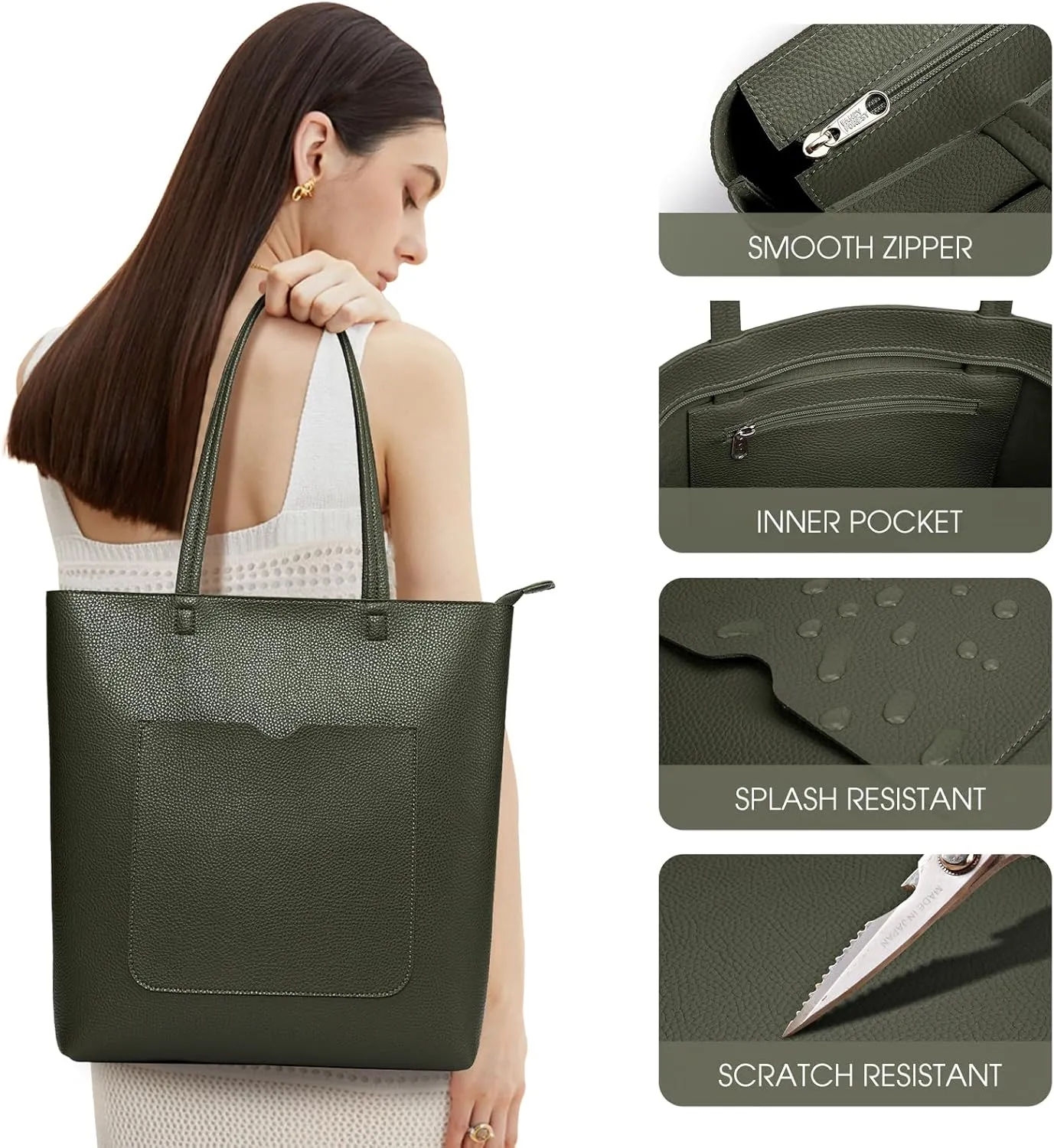 KALIDI Tote Bag Women Shoulder Bag Soft Vegan Leather Purse with Zipper Large Casual Handbags for 17'' Laptop Work Travel