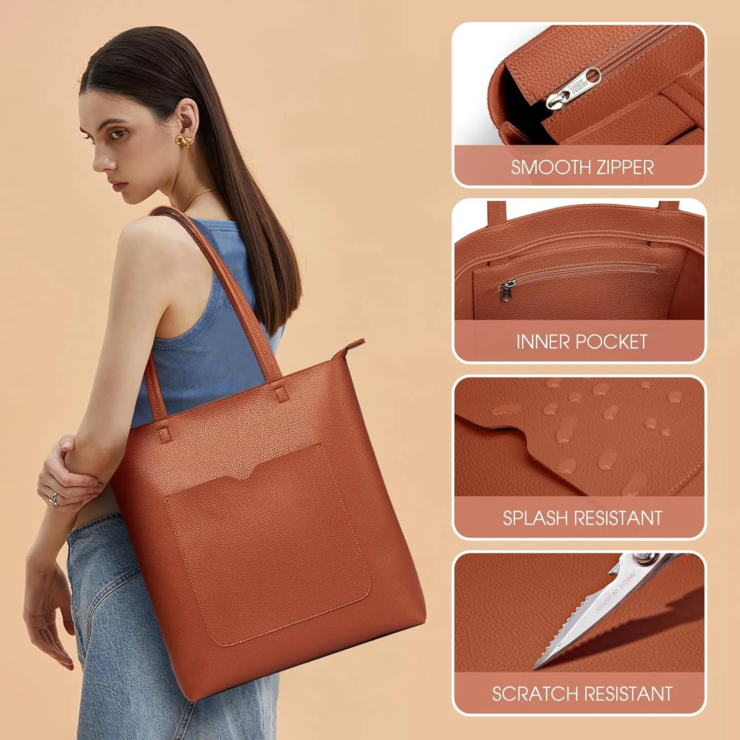 KALIDI Tote Bag Women Shoulder Bag Soft Vegan Leather Purse with Zipper Large Casual Handbags for 17'' Laptop Work Travel